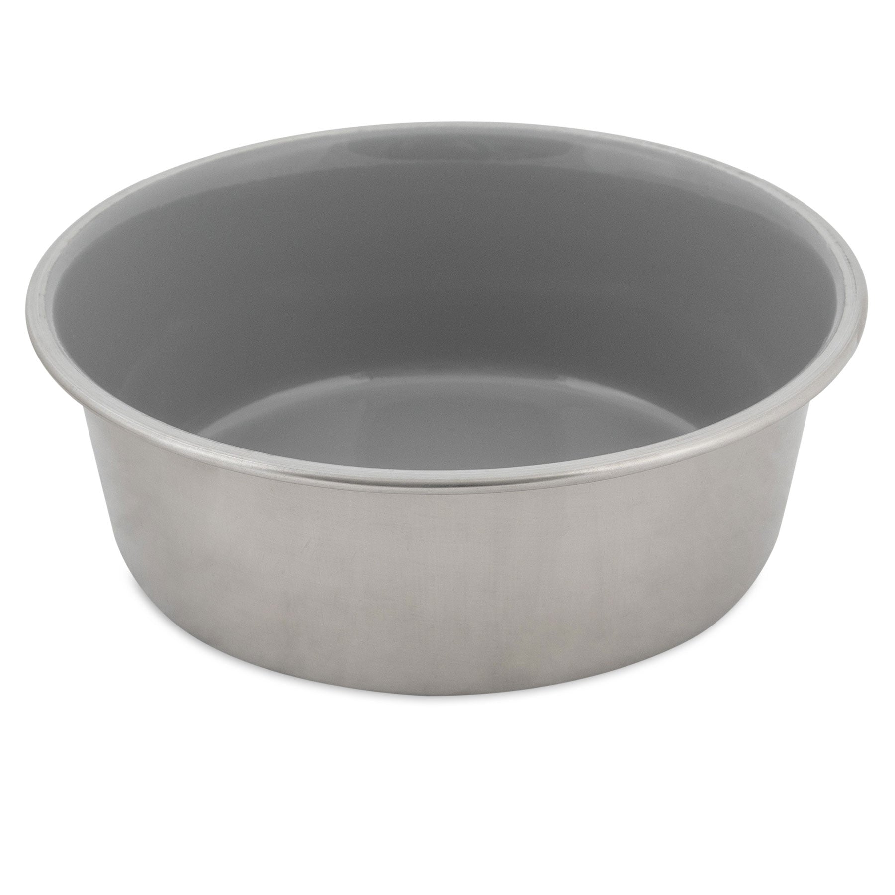 The Pet-mates Painted Stainless Steel Pet Bowl is round and silver with a shiny, rust-resistant surface. It features high sides and an open top, making it perfect for mixing or serving. The interior is smooth and reflective.