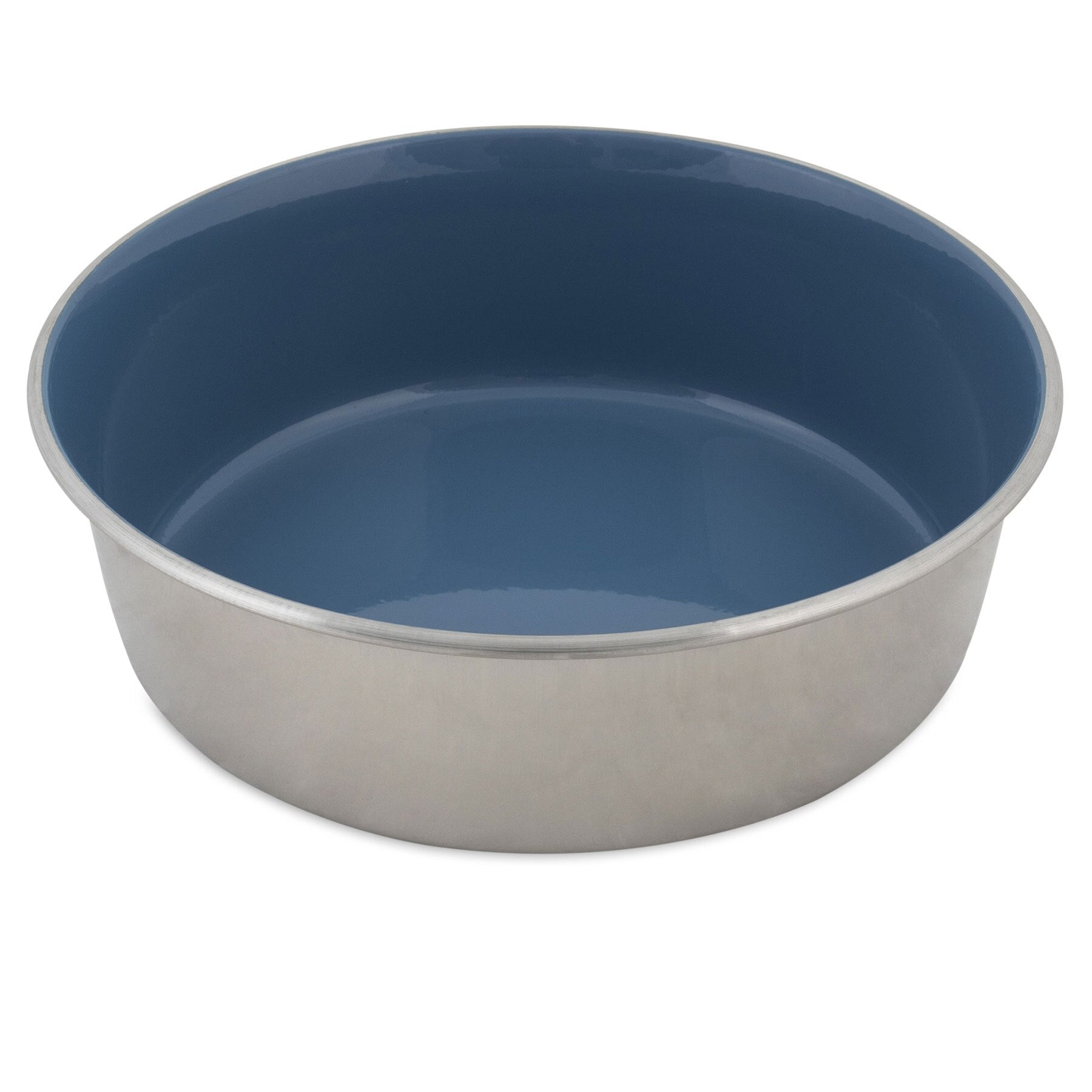 The Pet-mates Painted Stainless Steel Pet Bowl is round and deep with a rust-resistant, smooth reflective exterior and a sleek blue interior.