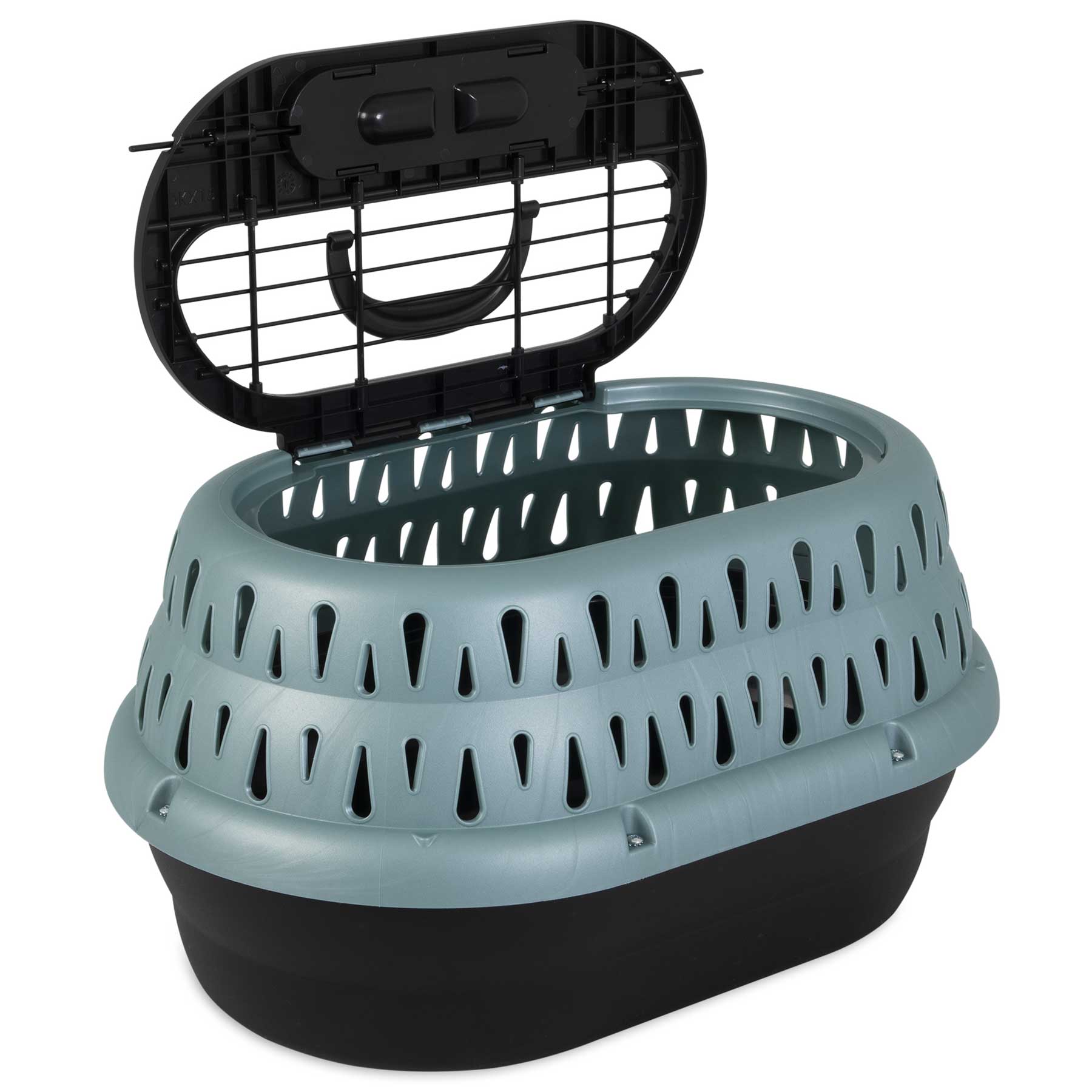 The Pet-mates E-Z Load Top Load Cat Kennel by Pet-mates features a black base, light blue ventilated lid, built-in top handle, metal grid door for security, and 360-degree ventilation to help reduce travel stress for your pet.