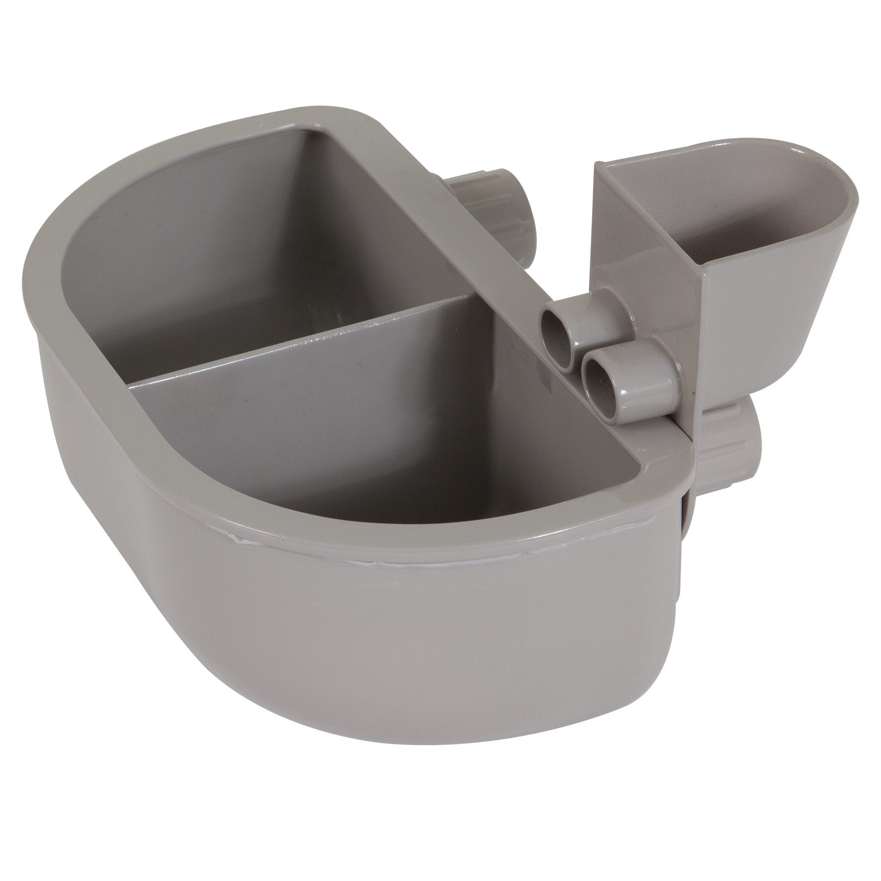 The Pet-mates No Spill Kennel Cup Double Diner, by Pet-mates, is a gray plastic organizer featuring a large rectangular compartment, two cylindrical slots, and a small rectangular section on one side. It is designed to be BPA and lead-free for your peace of mind.