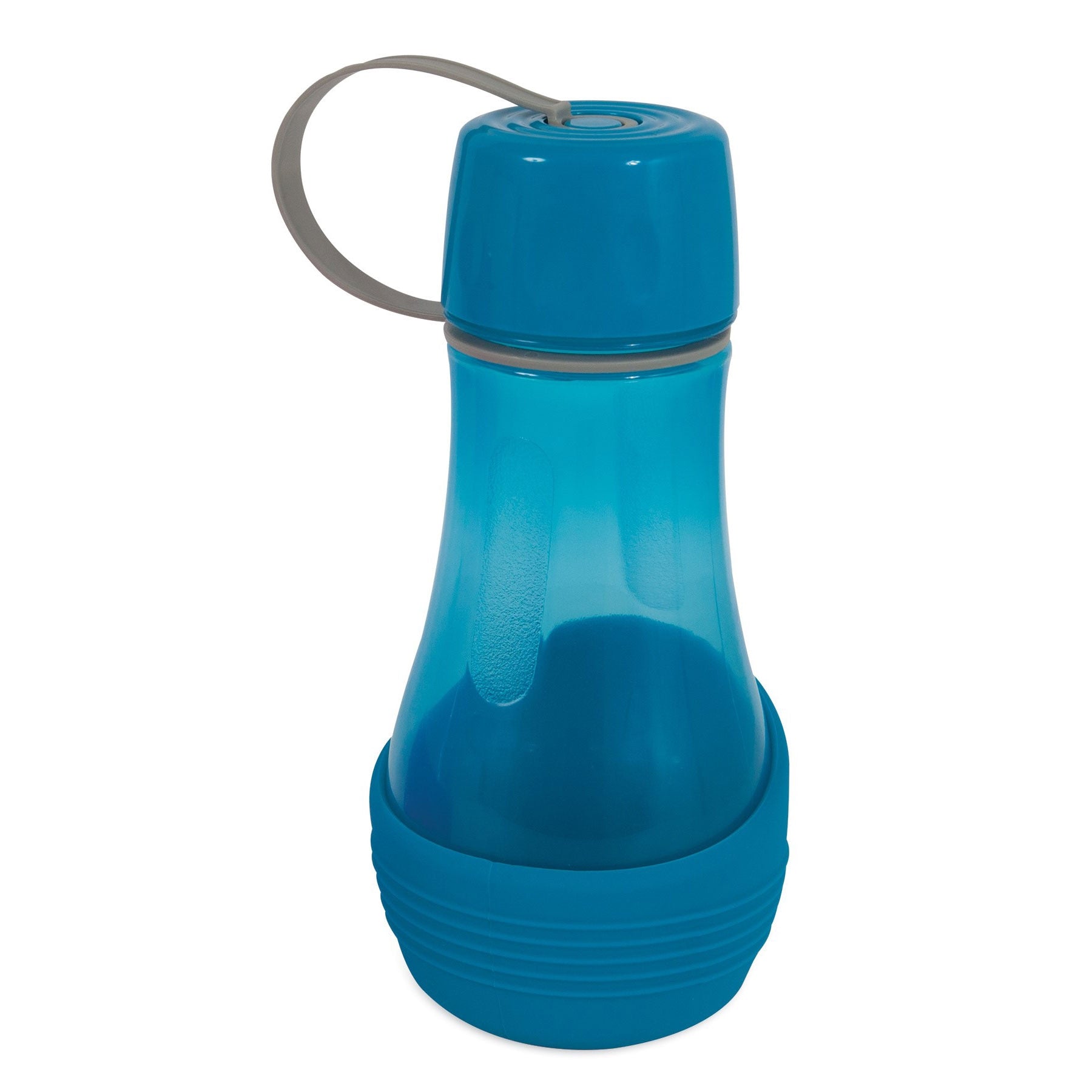 The Pet-mates Blue Replendish To-Go Travel Water Bottle is a translucent, ergonomic container ideal for pet hydration during travel. It has a wide base, rubber strap on the lid, gray flexible handle for easy carrying, and comes with an optional detachable water bowl.