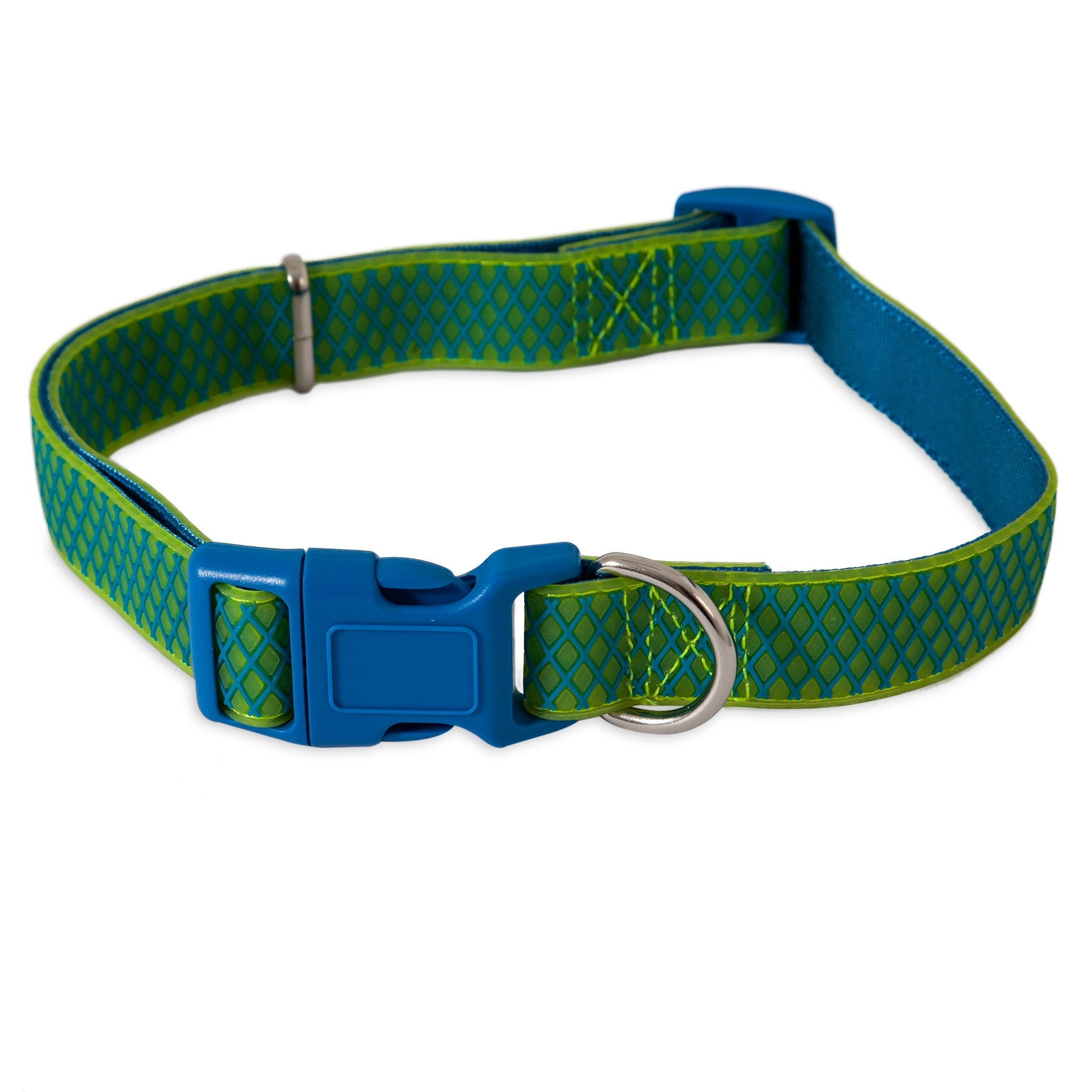 Introducing the Pet-mates Green Grid Glow in the Dark Dog Collar. This stylish collar, featuring a diamond and subtle green grid pattern, offers a sturdy plastic buckle and metal D-ring for leash attachment, making it perfect for your fashionable pet.