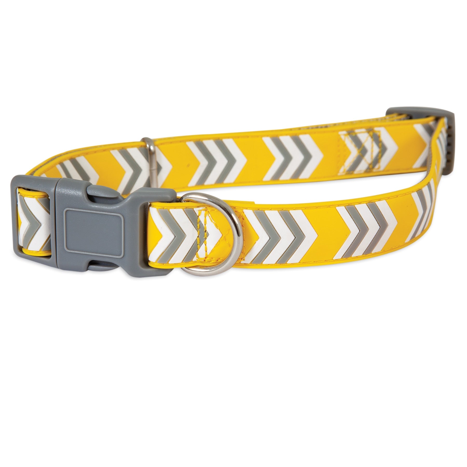 The Pet-mates Yellow Chevron Rubber Adjustable Dog Collar features a stylish yellow chevron pattern with gray and white accents, a sturdy gray plastic buckle, and a metal D-ring for leash attachment, offering both style and functionality.