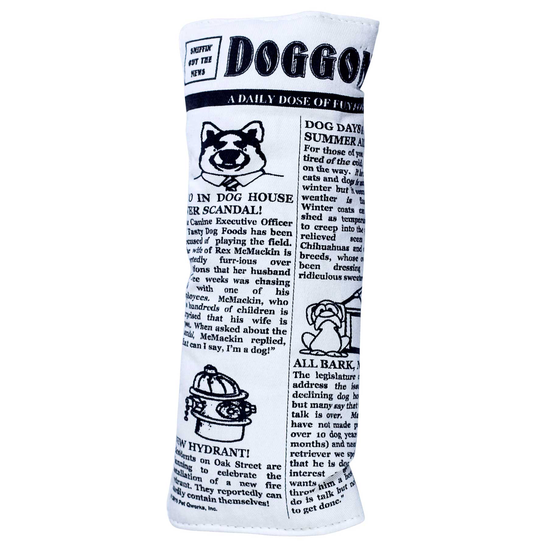 Introducing the Pet Qwerks Krinkle & Squeaky Newspaper Plush Dog Toy by Petqwerks, crafted from durable canvas and resembling a rolled-up newspaper titled Doggone News, complete with dog-themed articles and fun illustrations like a playful raccoon and a cartoon fire hydrant.