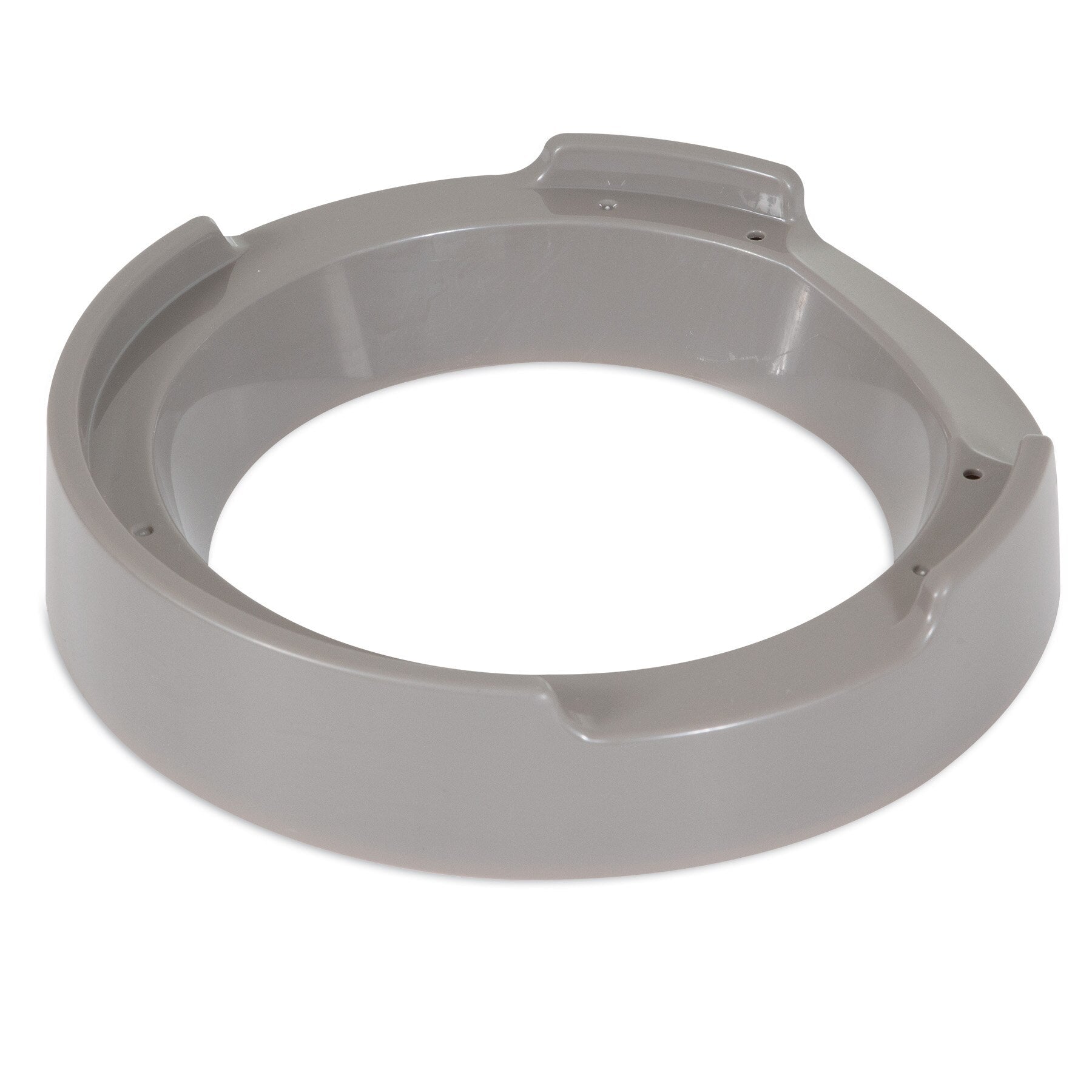 A gray, circular plastic object with a hollow center and raised edge, likely used in assembly or function within Pet-mates® products, is the Replacement Food Ring Riser for the Programmable Portion Right Feeder.
