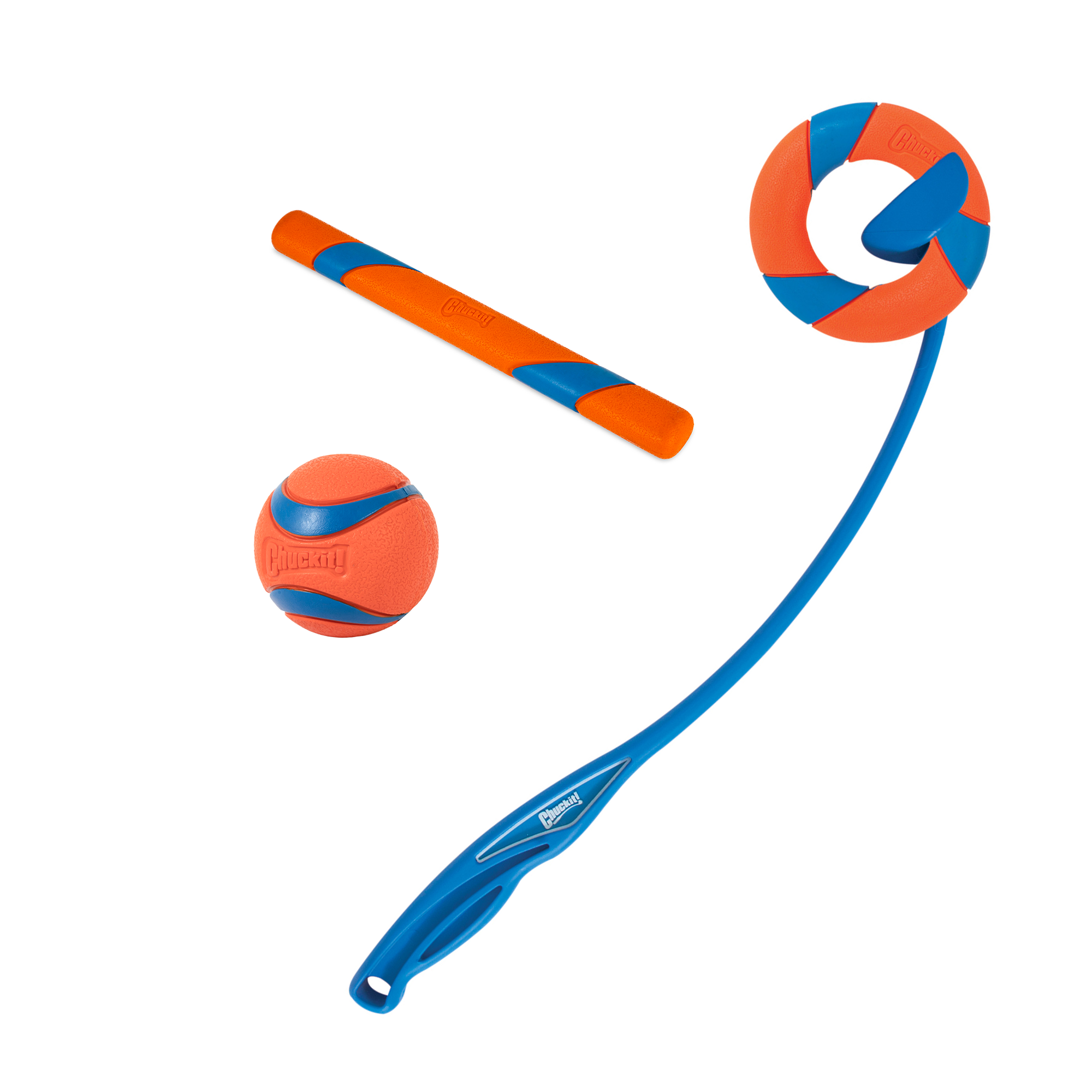 The Chuckit! RingChaser and Fetch Toy Set by Pet-mates is a vibrant orange and blue set featuring a durable Ultra Fetch Stick, ball, baton, ring, and long thrower stick—perfect for interactive play with pets.
