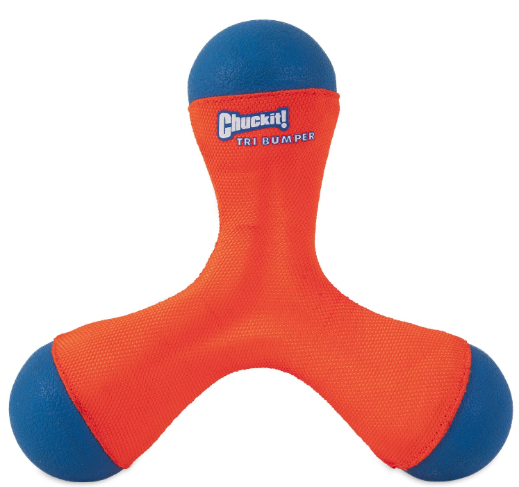 Introducing the Amphibious Tri-Bumper from Pet-matess Chuckit! Fetch & Float Toy Bundle: a versatile toy with three orange fabric arms, each tipped with a blue rubber end. Perfect for water fetch games and an essential addition to your collection.