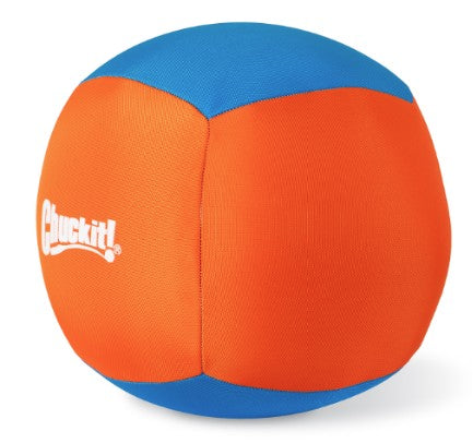 The Chuckit! Fetch & Float Toy Bundle by Pet-mates includes a round ball with alternating orange and blue segments, with Chuckit! printed in white on the orange section. Its soft texture is ideal for fetching both on land and in water.