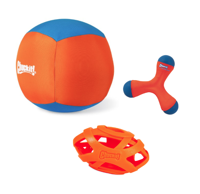 The Pet-mates Chuckit! Fetch & Float Toy Bundle showcases three orange and blue toys: a large round ball, an Amphibious Tri-Bumper, and an open lattice-style ball, all crafted for active dog play.