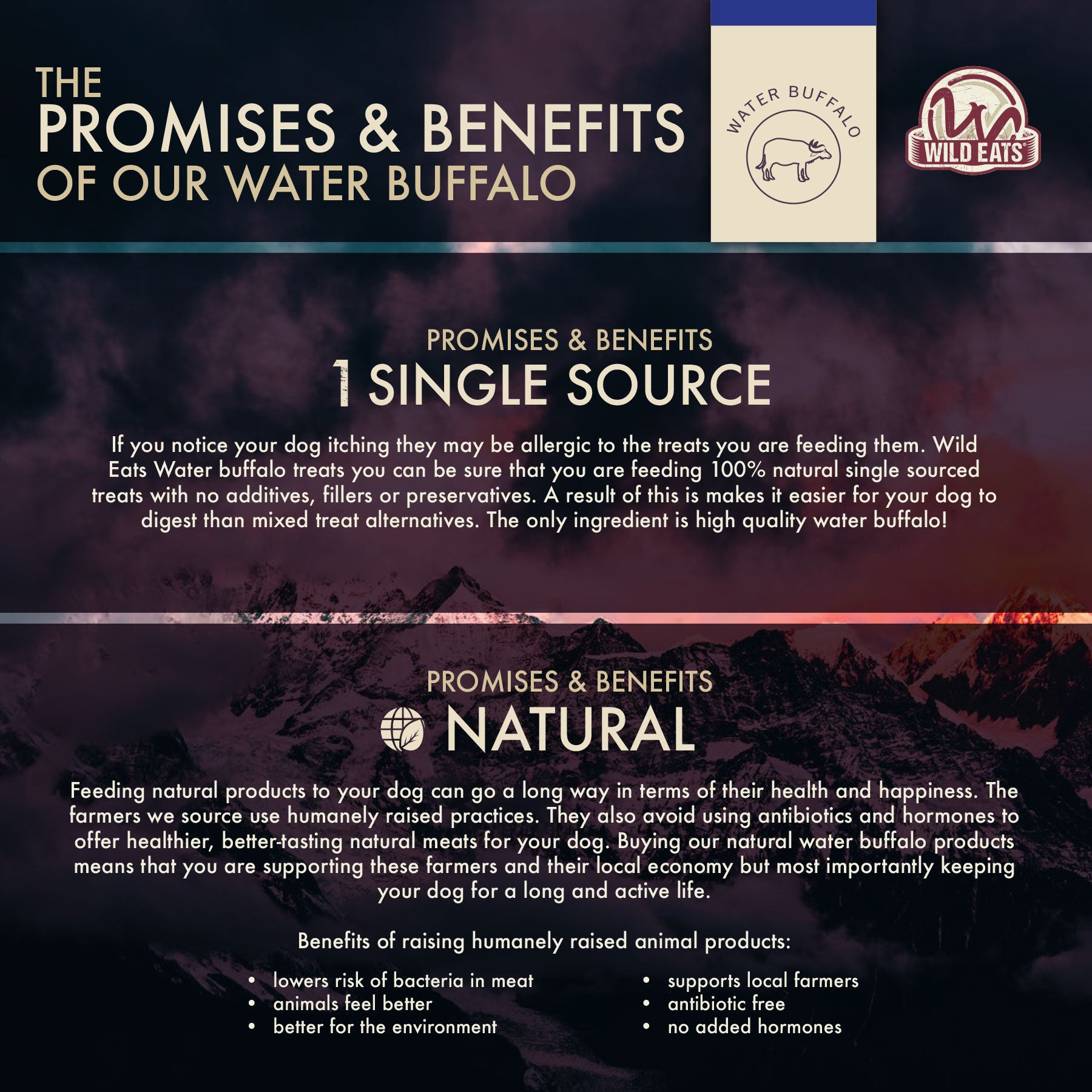 The Wild Eats Water Buffalo Twisted 8-9 Cheek Wrapped With Meat poster showcases single-source, natural ingredients emphasizing high-quality, hormone-free products with no added antibiotics. These grain-free treats ensure optimal nutrition for your furry friend.