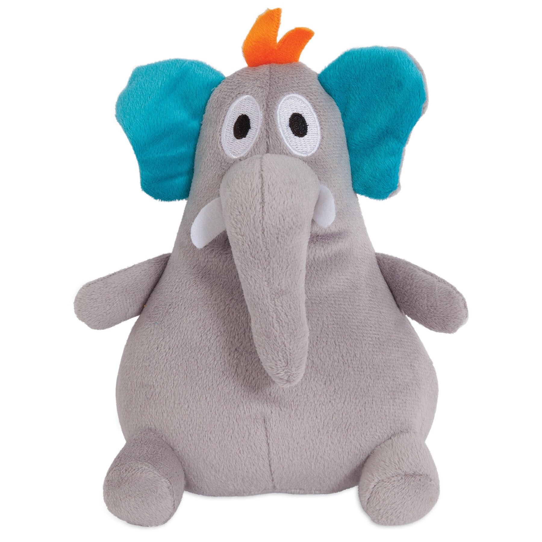 Introducing the Zoobilee Grunter Elephant Dog Toy by Zoobilee: a durable plush pet toy featuring a long trunk, small white tusks, vibrant blue ears, orange hair tuft, and large white eyes with black pupils. Designed to withstand playtime with your furry friend.