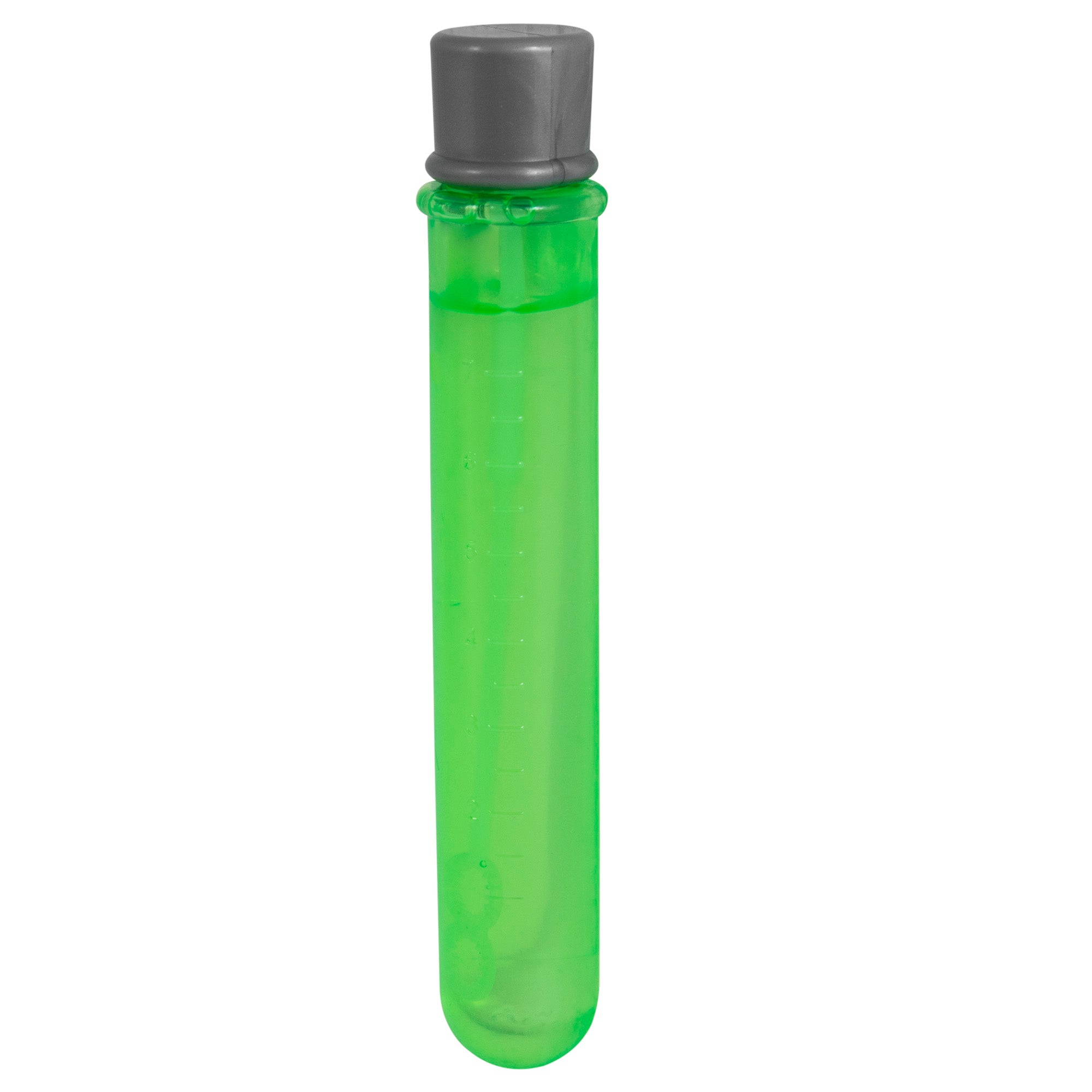 A transparent green test tube with a gray cap contains a bright green liquid, similar to Petqwerks Catnip IncrediBubbles for Cats. It stands upright against a plain white background, inviting imagination and fun.