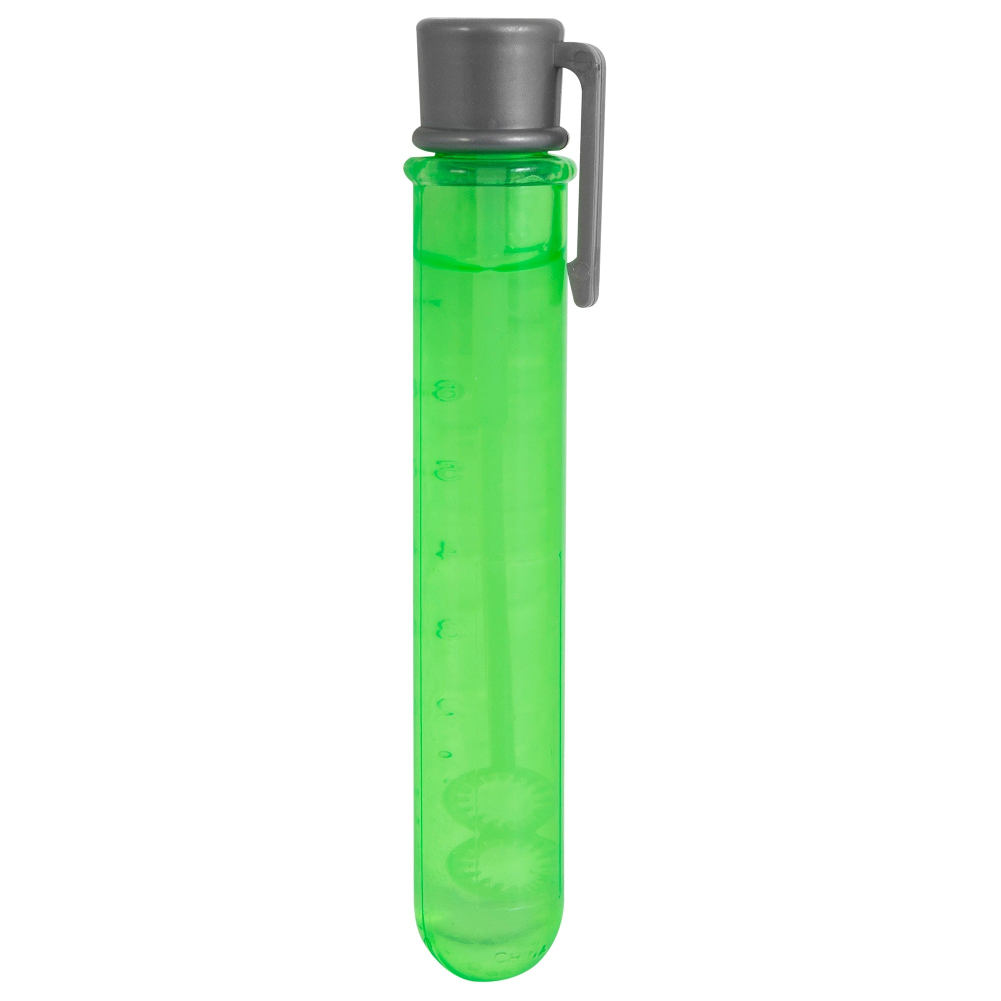 A clear green test tube with a gray plastic cap and side clip, featuring measurement markings and a swirl at the bottom, contains Pet Qwerks Catnip IncrediBubbles—a delightful treat for cats by Petqwerks.