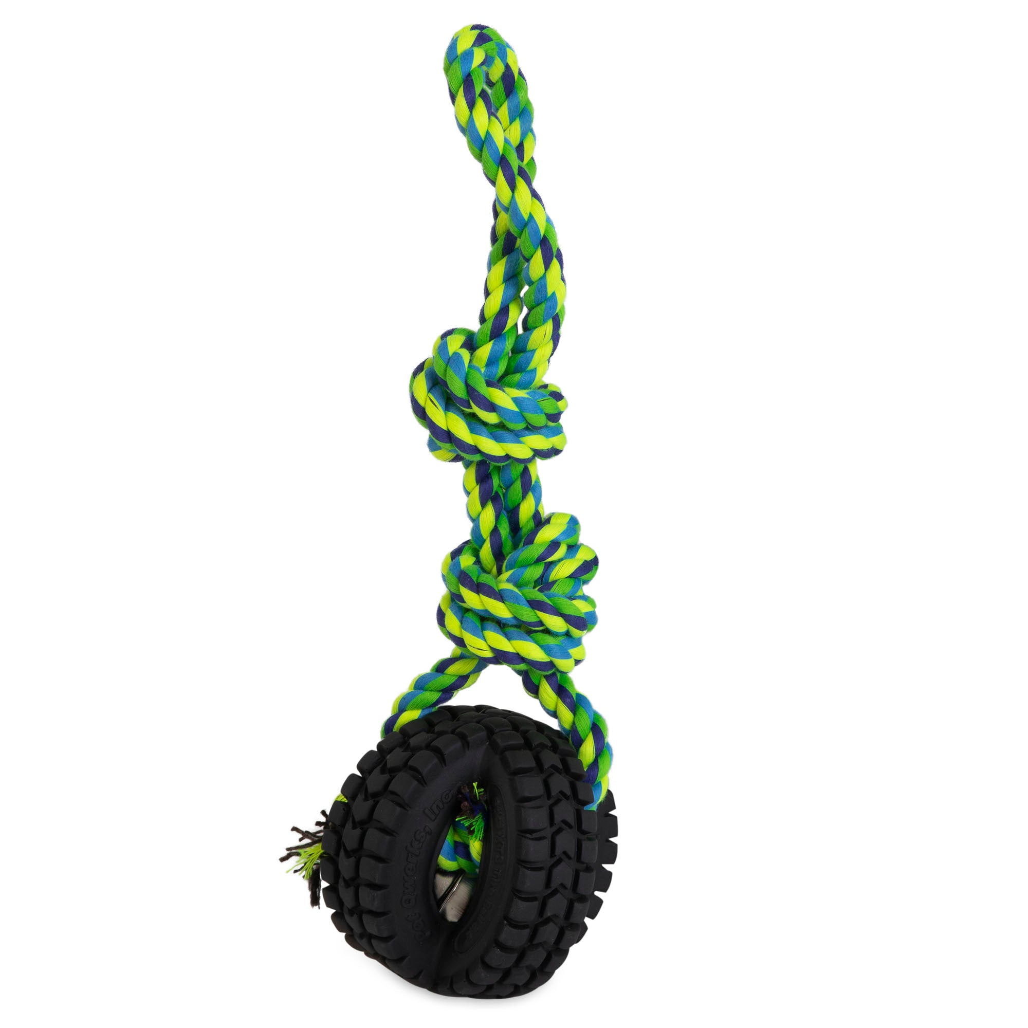 Introducing the Pet Qwerks Jingle Ball X-Tire Tug N Toss Dog Toy by Petqwerks, featuring a thick twisted rope in green, blue, and yellow with top knots and two durable black rubber tire rings at the bottom—ideal for tugging and chewing.