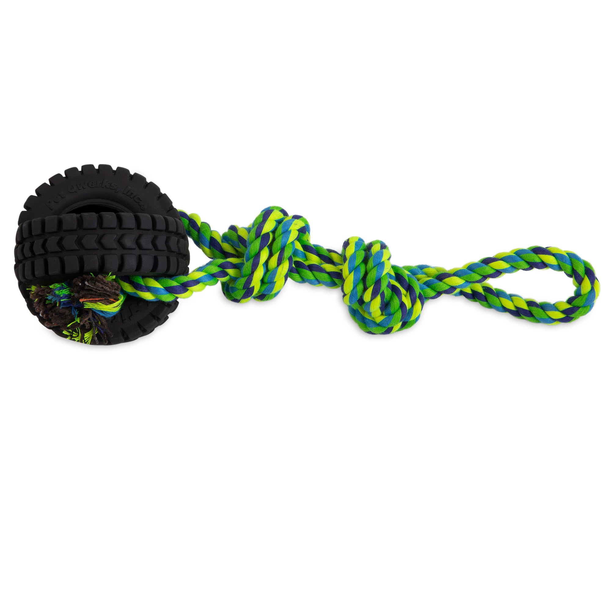 The Pet Qwerks Jingle Ball X-Tire Tug N Toss Dog Toy by Petqwerks features a black tire-shaped rubber ball with a vibrant green, blue, and yellow braided rope knotted at one end, ideal for energetic tugging sessions.