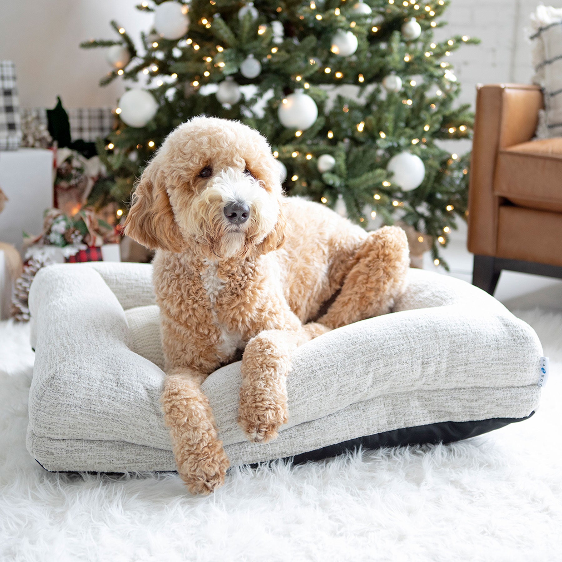 A fluffy dog relaxes on a La-Z-Boy Salt & Pepper Rosie Lounger Dog Bed near a Christmas tree with white ornaments. Wrapped gifts and a cozy brown armchair sit on a plush white rug in the background.