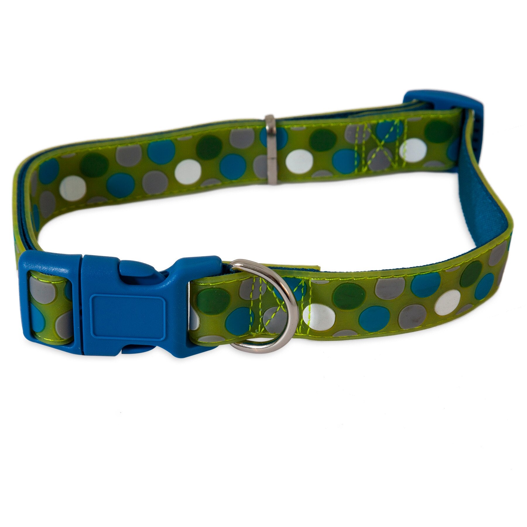 The Pet-mates Green Dots Glow in the Dark Dog Collar features green, white, and blue dots with a glow-in-the-dark effect. It has a durable blue plastic buckle and an adjustable metal ring for leash attachment, combining style and practicality for your pet.