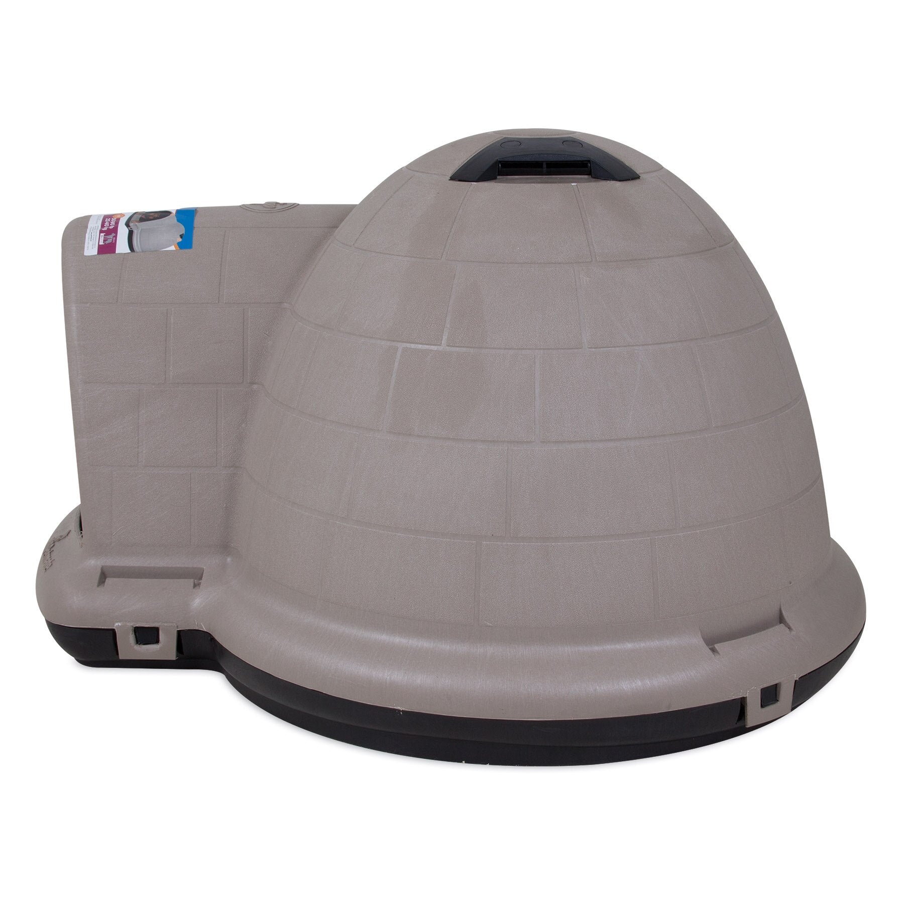 The Pet-mates Indigo Dog House by Pet-mates is a spacious, igloo-shaped beige plastic shelter for dogs. It boasts a rounded entrance on the left, a brick-like texture, and sits on a flat base with a top vent for airflow.