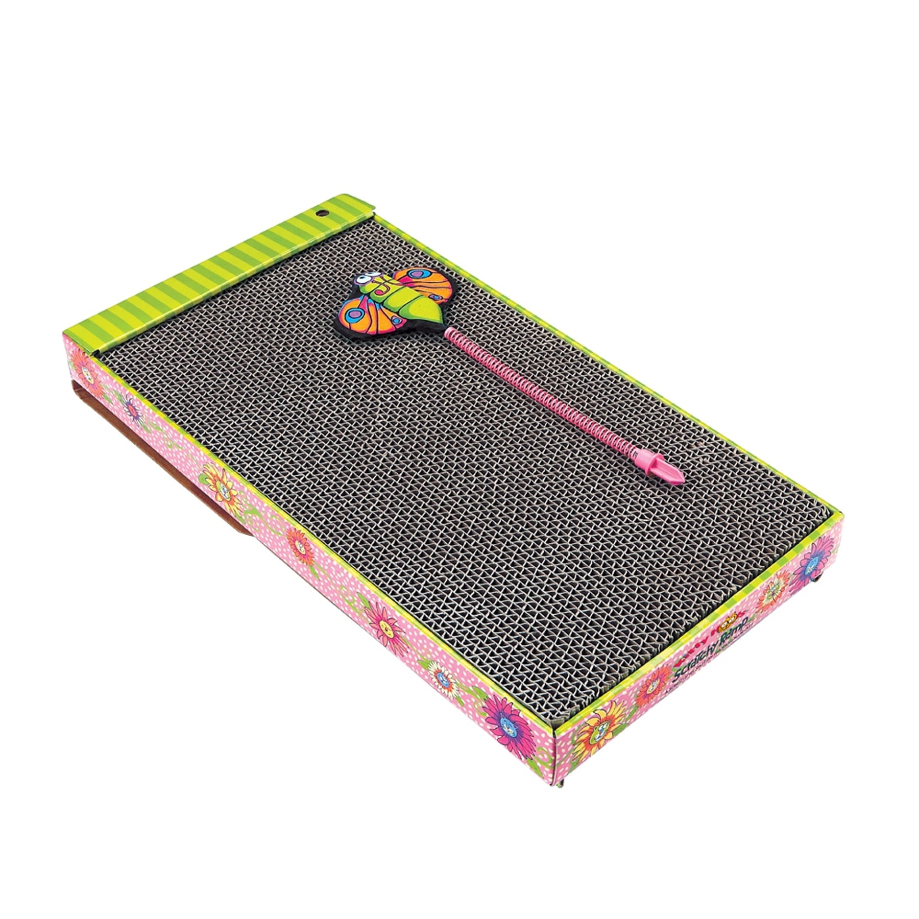 Check out the FAT CAT Big Mamas Scratch N Play Ramp by Fatcat, an eco-friendly recyclable cat scratcher with a floral pattern, green striped edges, and a butterfly-shaped toy on a pink string—ideal for fun and sustainability for your feline friend.