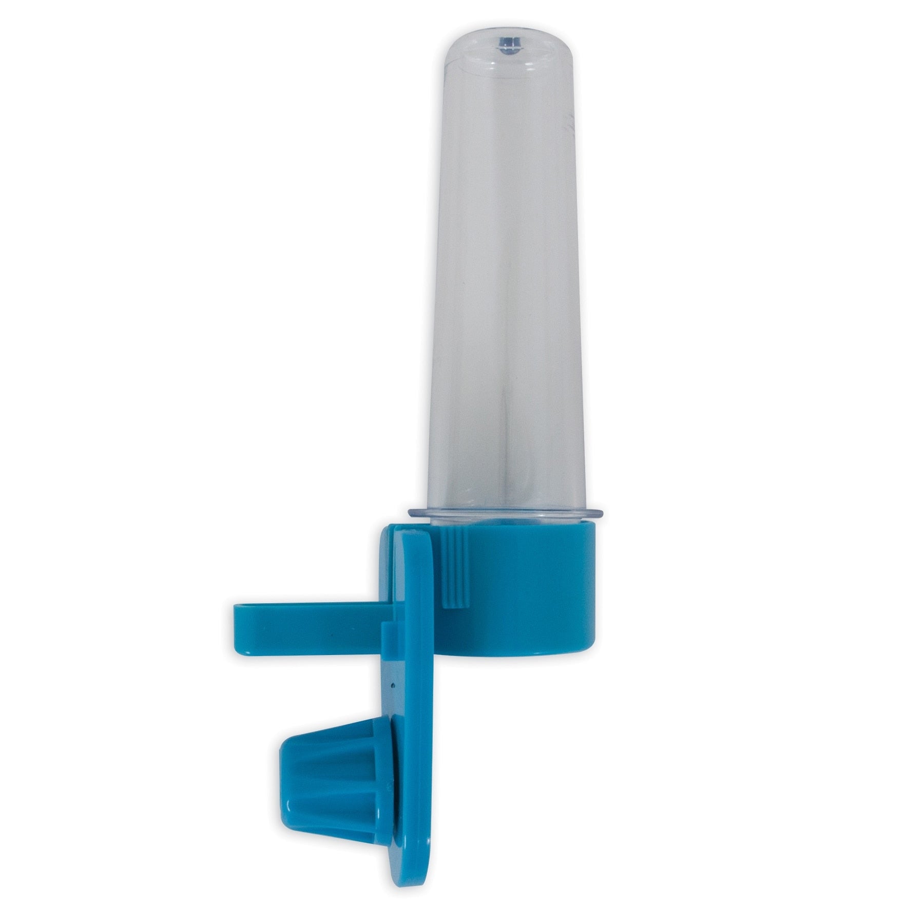 The JW Clean Water Silo Bird Waterer by Jw is a transparent cylindrical dispenser with a blue base, bracket for cage attachment, and no-spill valve to ensure small animals stay hydrated.
