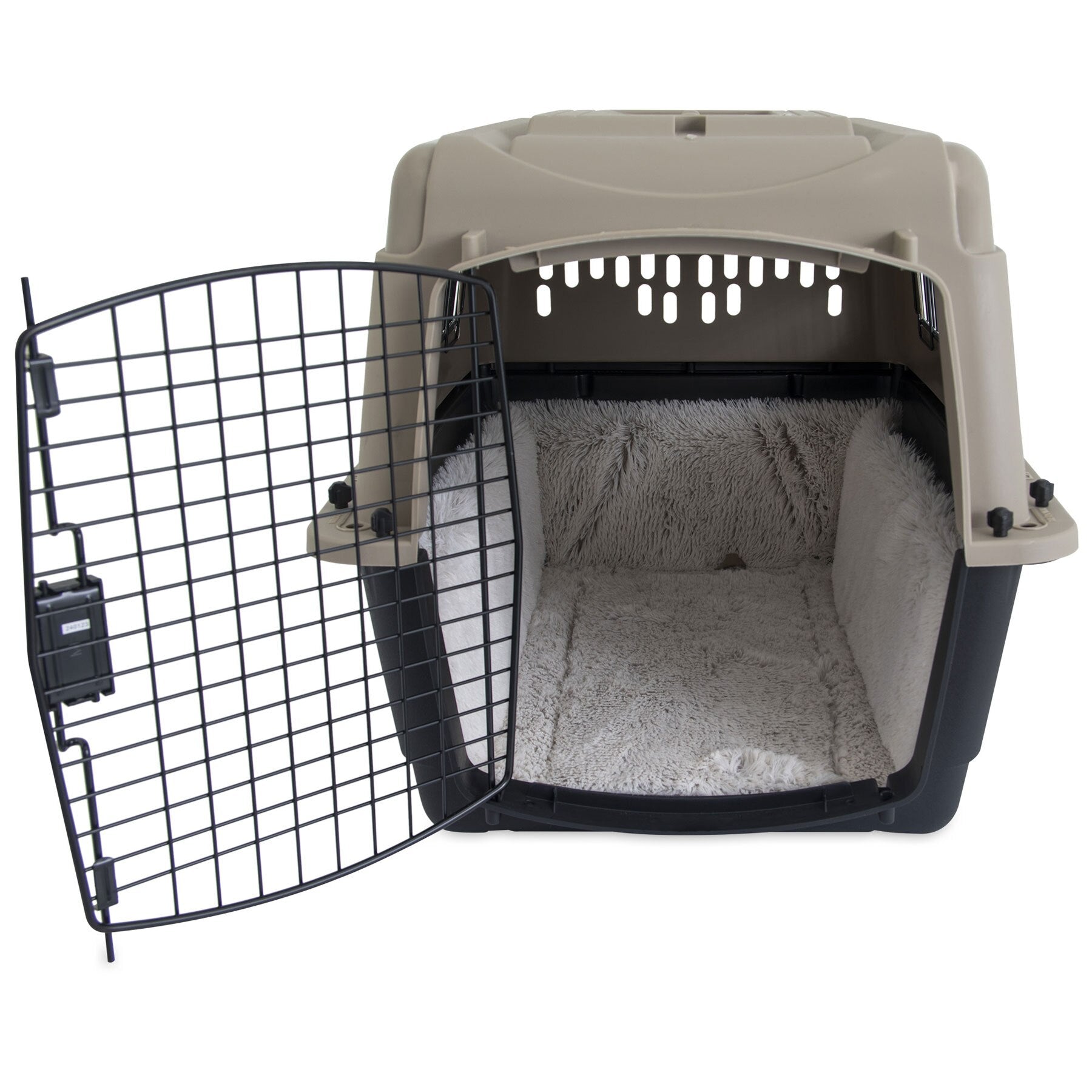 The Pet-mates Cozy Kennel Mat by Pet-mates is an open beige and black carrier with a cozy home vibe, featuring a black metal door. The interior has soft gray fur padding for comfort, and top ventilation holes enhance its thoughtful design.