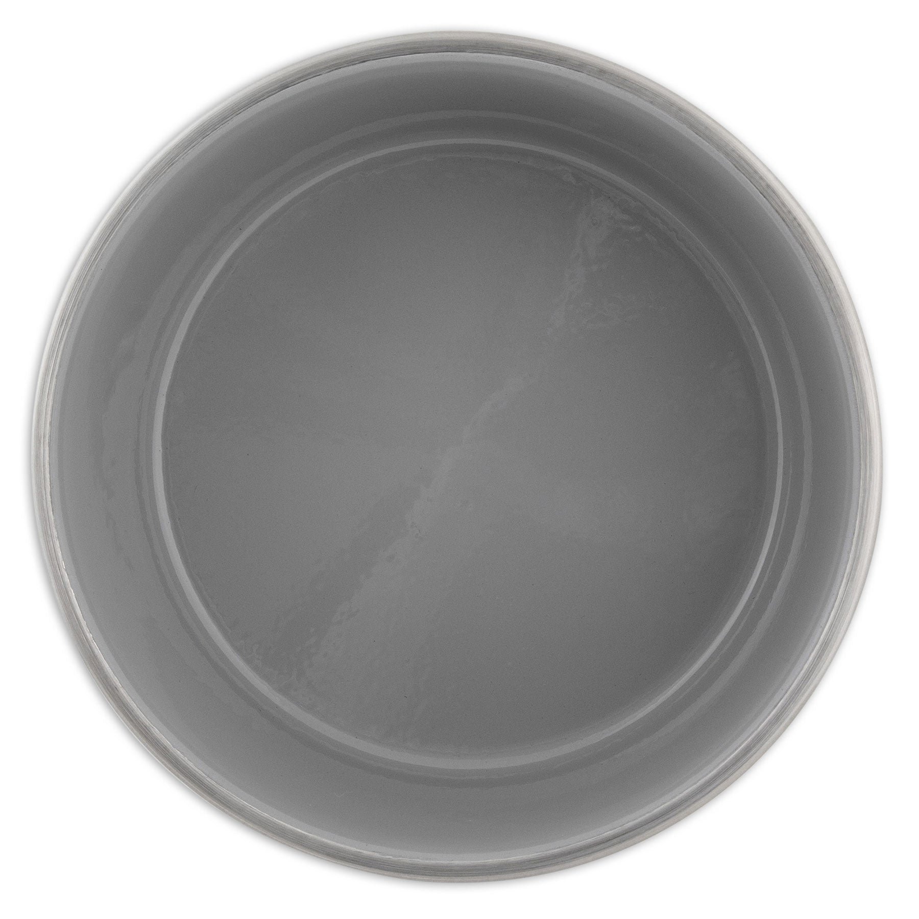 A top view of an empty, round gray ceramic bowl with a smooth, glossy surface complements any kitchen decor when paired with Pet-mates Painted Stainless Steel Pet Bowls by the brand Pet-mates.