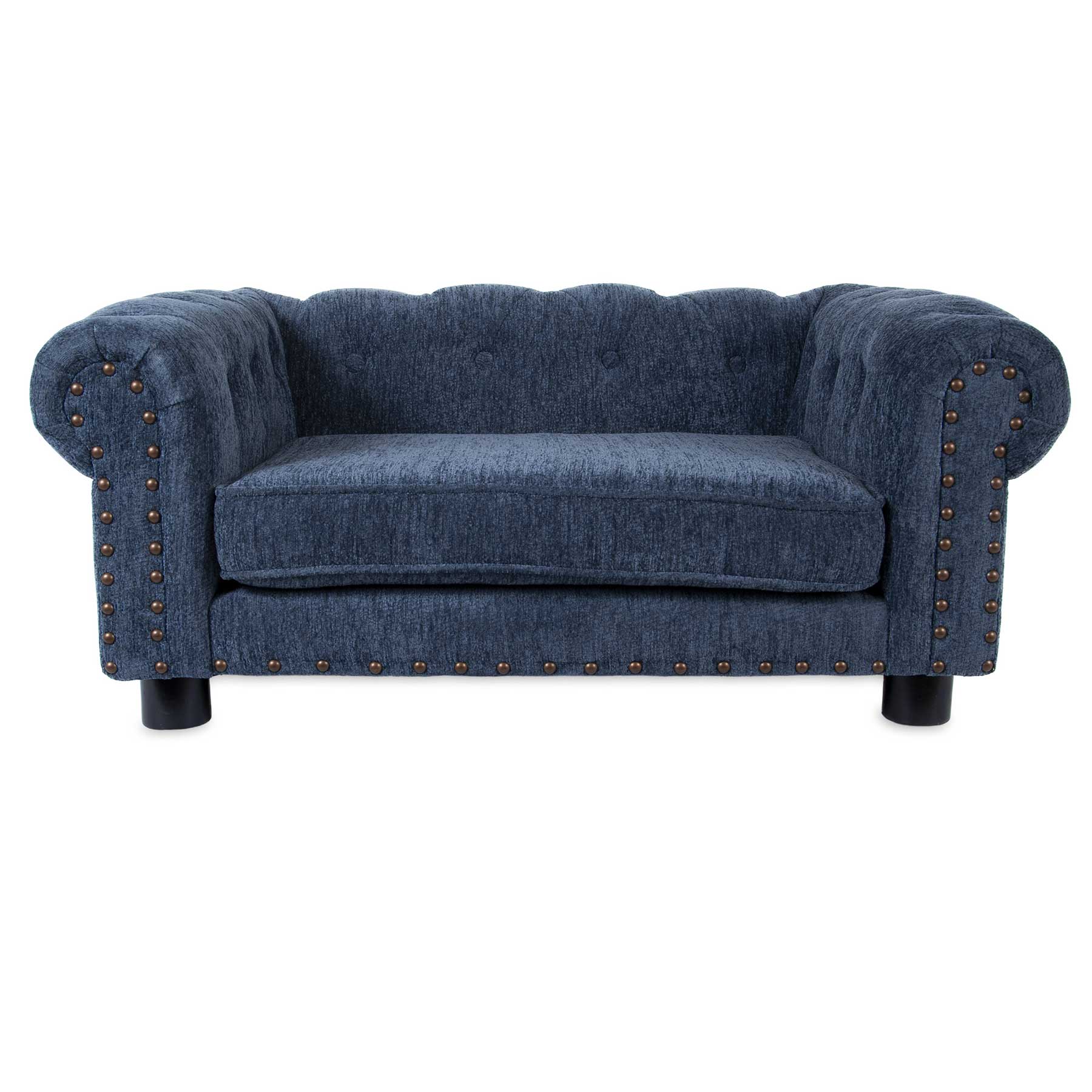 The La-Z-Boy Tuscon Sofa Dog Bed is a plush, dark blue pet bed featuring a tufted backrest, rolled arms, and decorative nailhead trim. It sits on four short black round legs for a classic and elegant look.