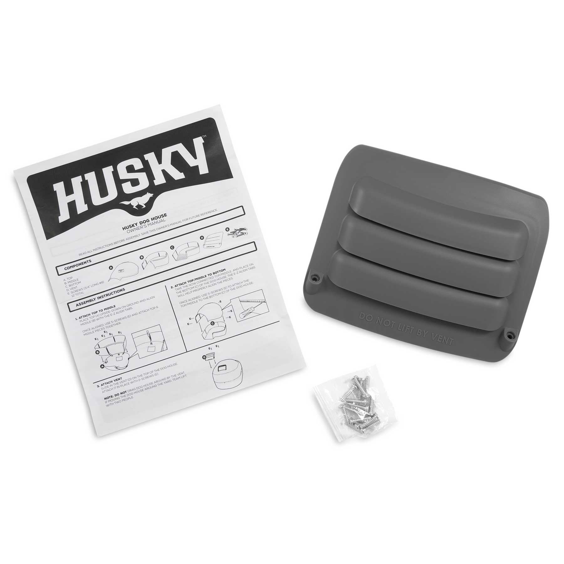 The Pet-mates Husky Shelter Vent Kit by Pet-mates is a gray vehicle part with three horizontal slats, accompanied by an instruction manual, installation guide, and a small bag of screws to ensure your pets safety.