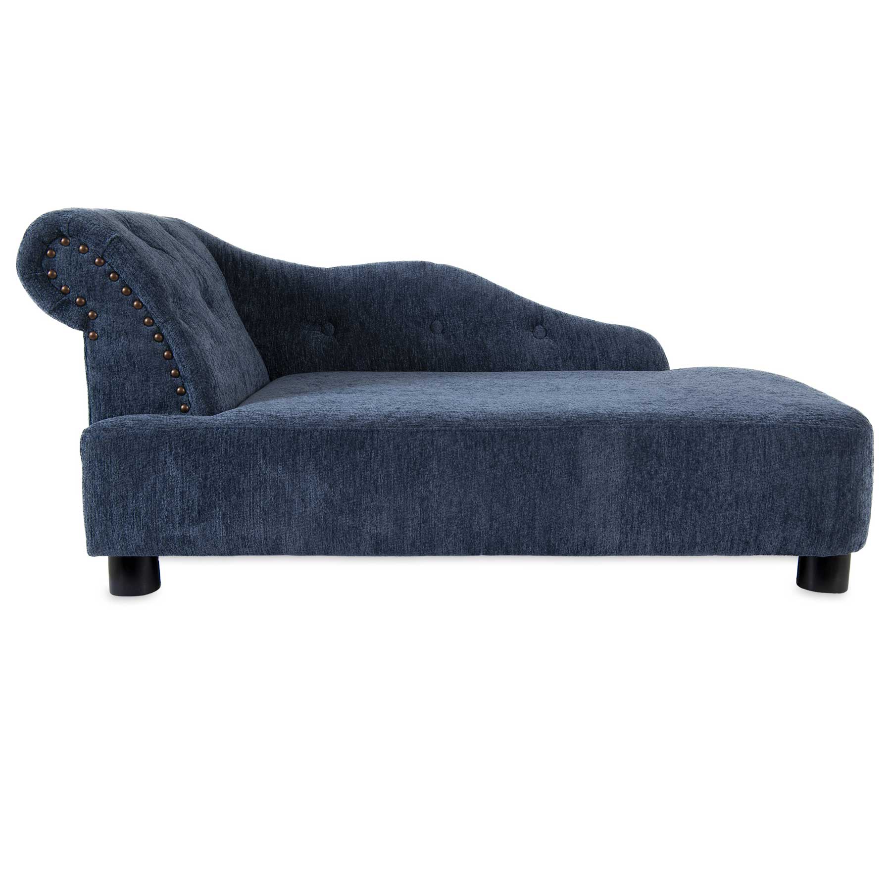 The La-Z-Boy Solana Chaise Sofa Pet Bed in plush dark blue is perfect for large breed dogs. It features curved armrests, a tufted backrest, metal stud accents, and short round black legs that enhance its elegant design.