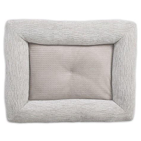 A top-down view of the La-Z-Boy Salt & Pepper Rosie Lounger Dog Bed reveals its rectangular light gray design with a darker cushioned center and plush raised border. This machine washable bed ensures durability and comfort, ideal for your pets ultimate relaxation.