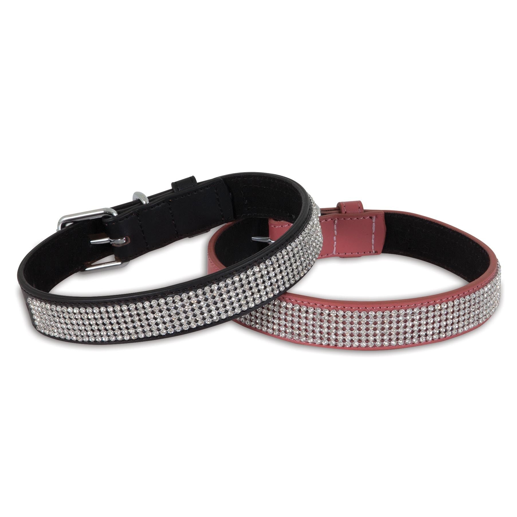 Two Pet-mates Bling Leather Custom Fit Collars, one in black and the other in red, feature sparkling rhinestones and metal buckle closures. They are stylishly arranged with a slight overlap on a pristine white background.