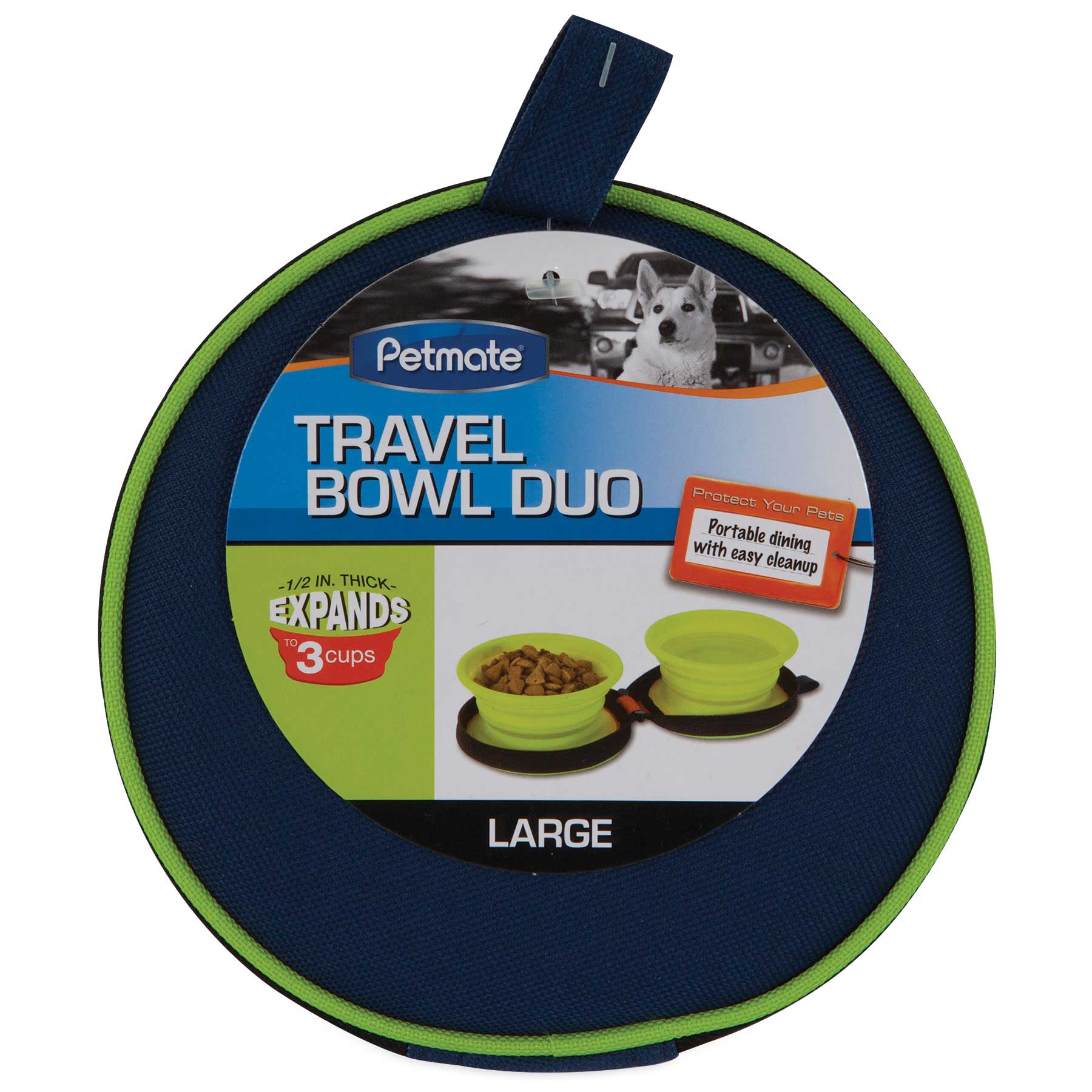 The Pet-mates Silicone Travel Bowl Duo packaging features collapsible green bowls, perfect for travel. It includes an image of a dog and emphasizes easy cleanup with a capacity of 3 cups. The blue and green design highlights its suitability as a travel pet accessory.