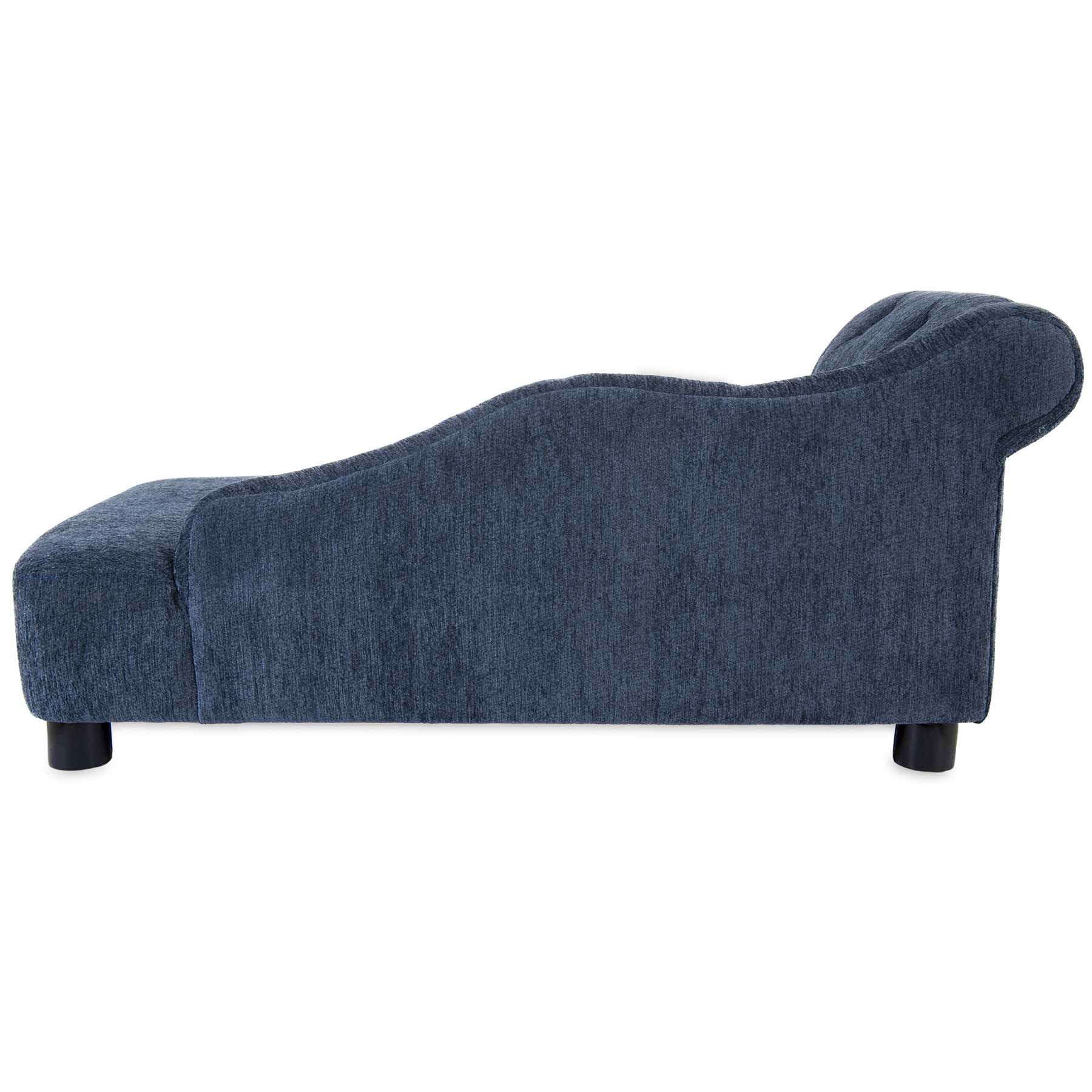 A side view of the La-Z-Boy Solana Chaise Sofa Pet Bed in blue highlights its elegant design, curved backrest, and armrest. It features short round legs and a textured fabric finish for comfort, suitable for humans and large breed dogs.