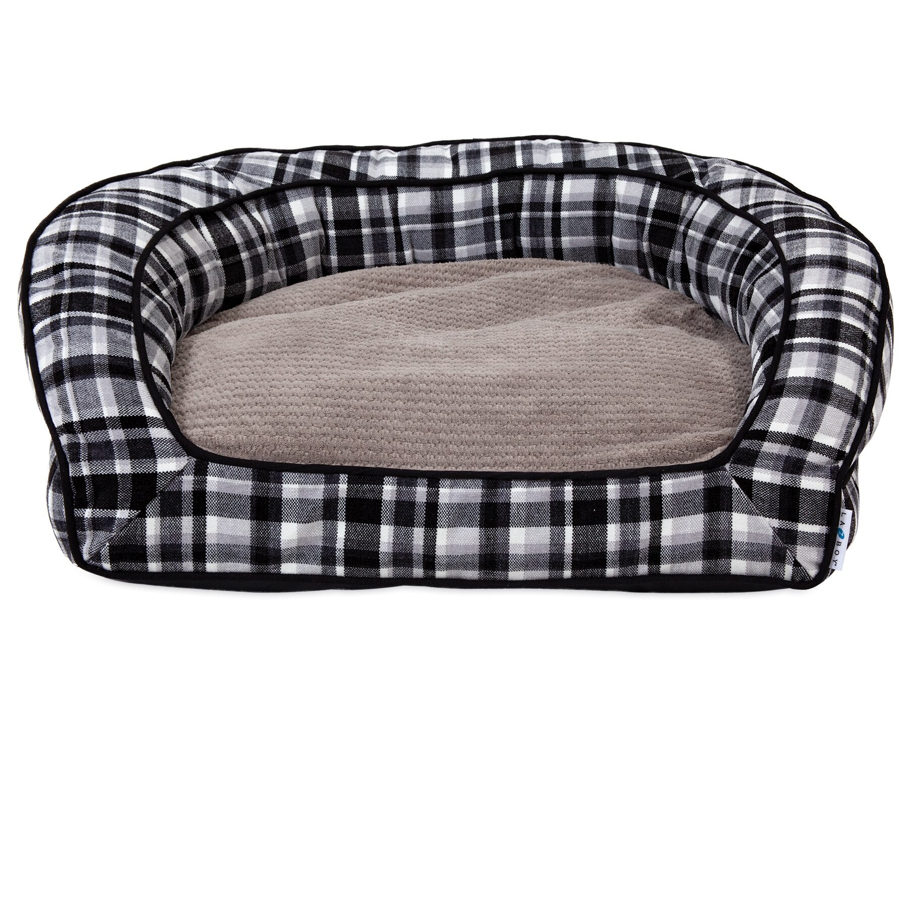 The La-Z-Boy Spencer Plaid Tucker Sofa Dog Bed features a black and white checkered design with a plush brown cushion. Designed for medium-sized dogs, it has a rectangular shape and slightly raised edges for extra comfort.
