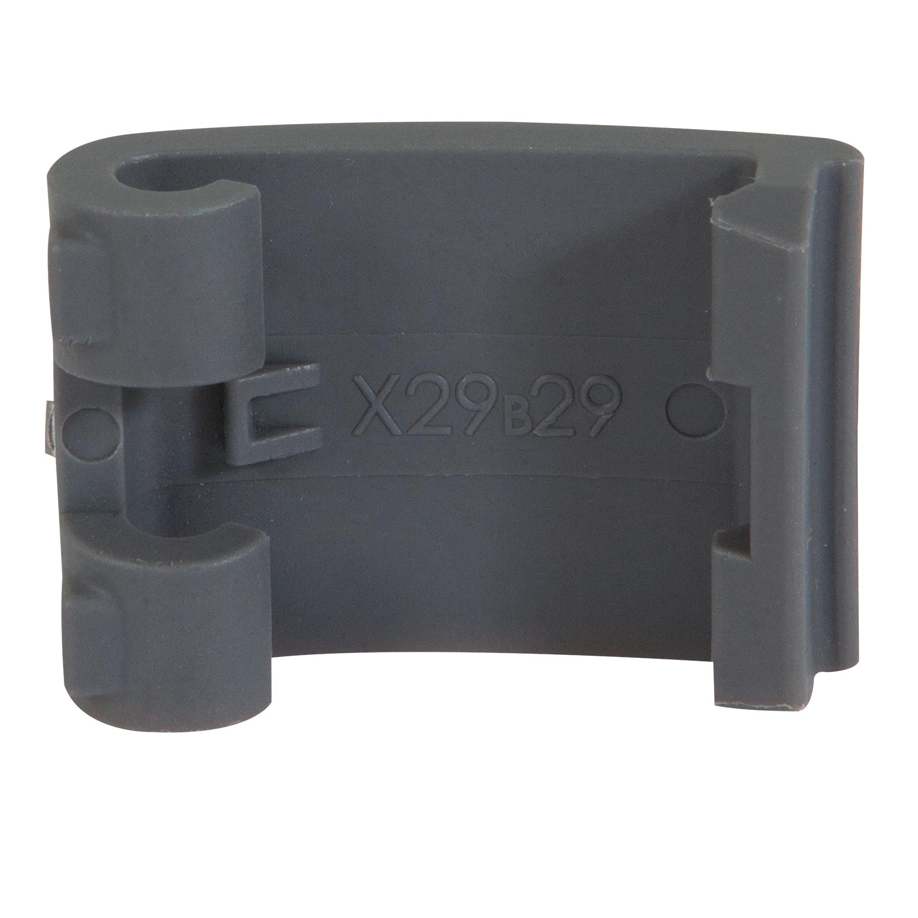 A close-up shows a rectangular dark gray plastic clip with two cylindrical holders, serving as the Short Replacement Latch for Pet-mates kennels. X29B29 is engraved in the center, featuring a smooth finish.