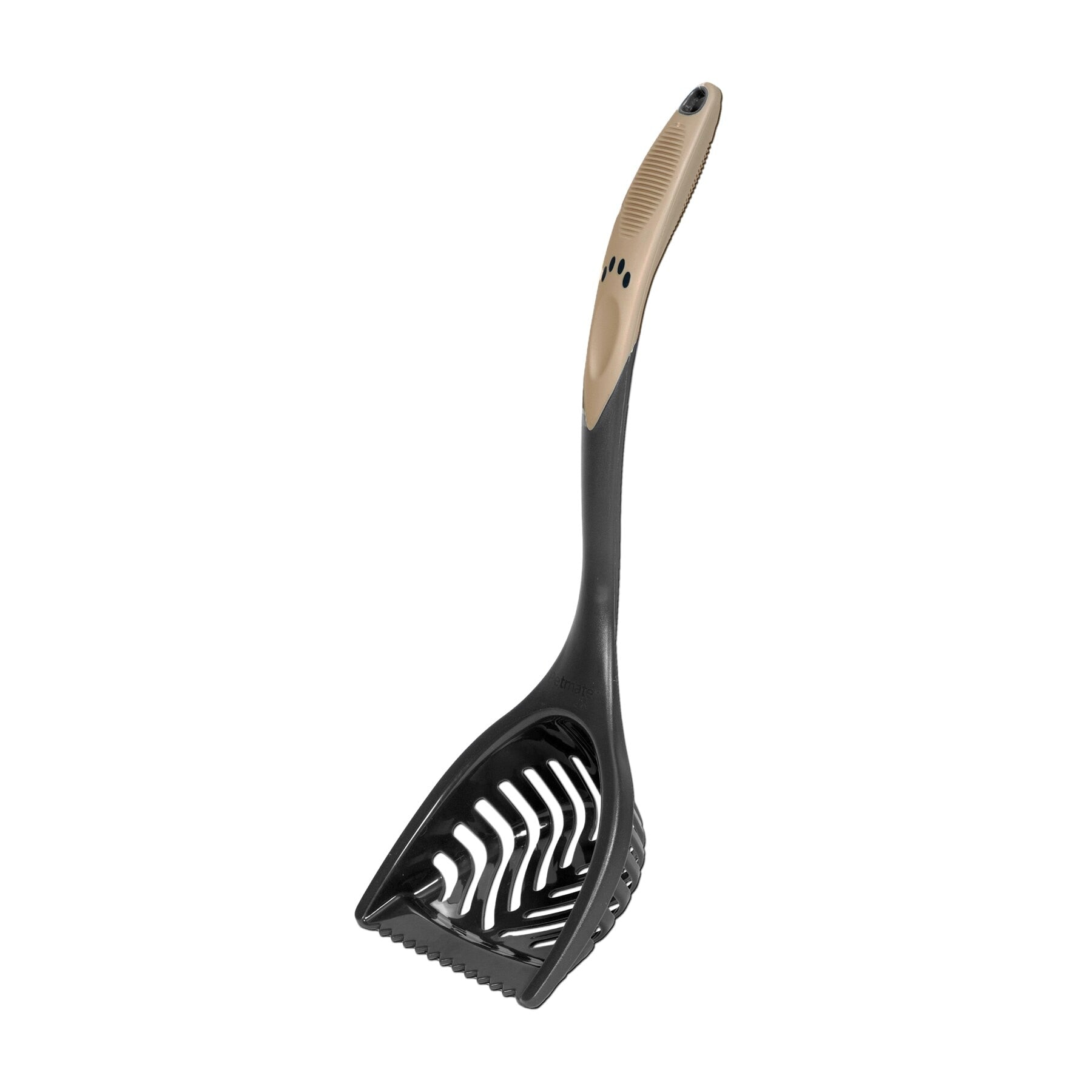 The Pet-mates Ultimate Litter Scoop by Pet-mates is a black cat litter scoop designed as a pet cleaning tool, featuring an extra-long handle, comfortable beige grip, and slotted openings for efficient litter sifting.