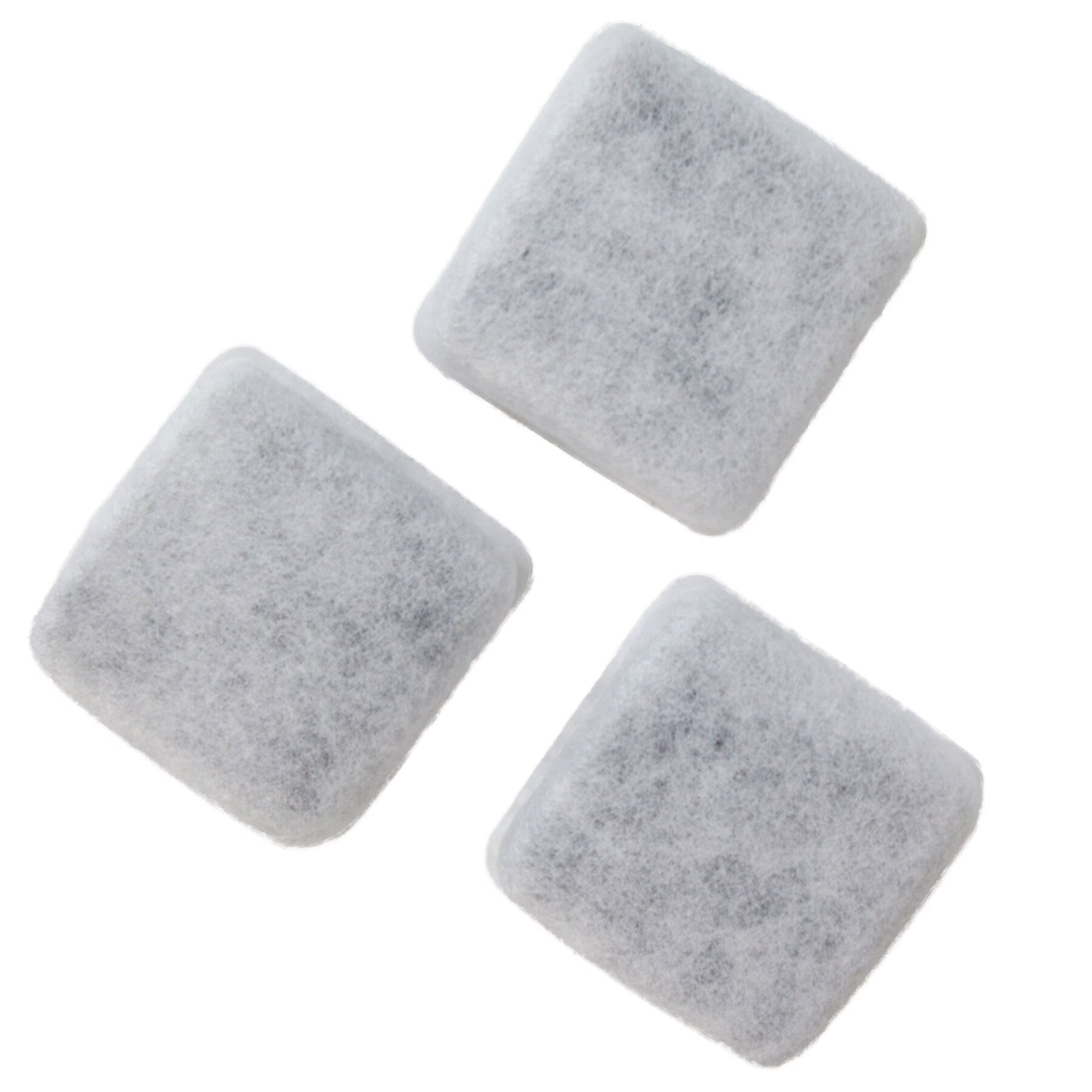 Three square, white Pet-mates Replendish & Mason Charcoal Replacement Filters with a soft, fibrous texture are on a white background. They appear lightweight and seem designed for devices like Mason Style Waterers needing air or water filtration.