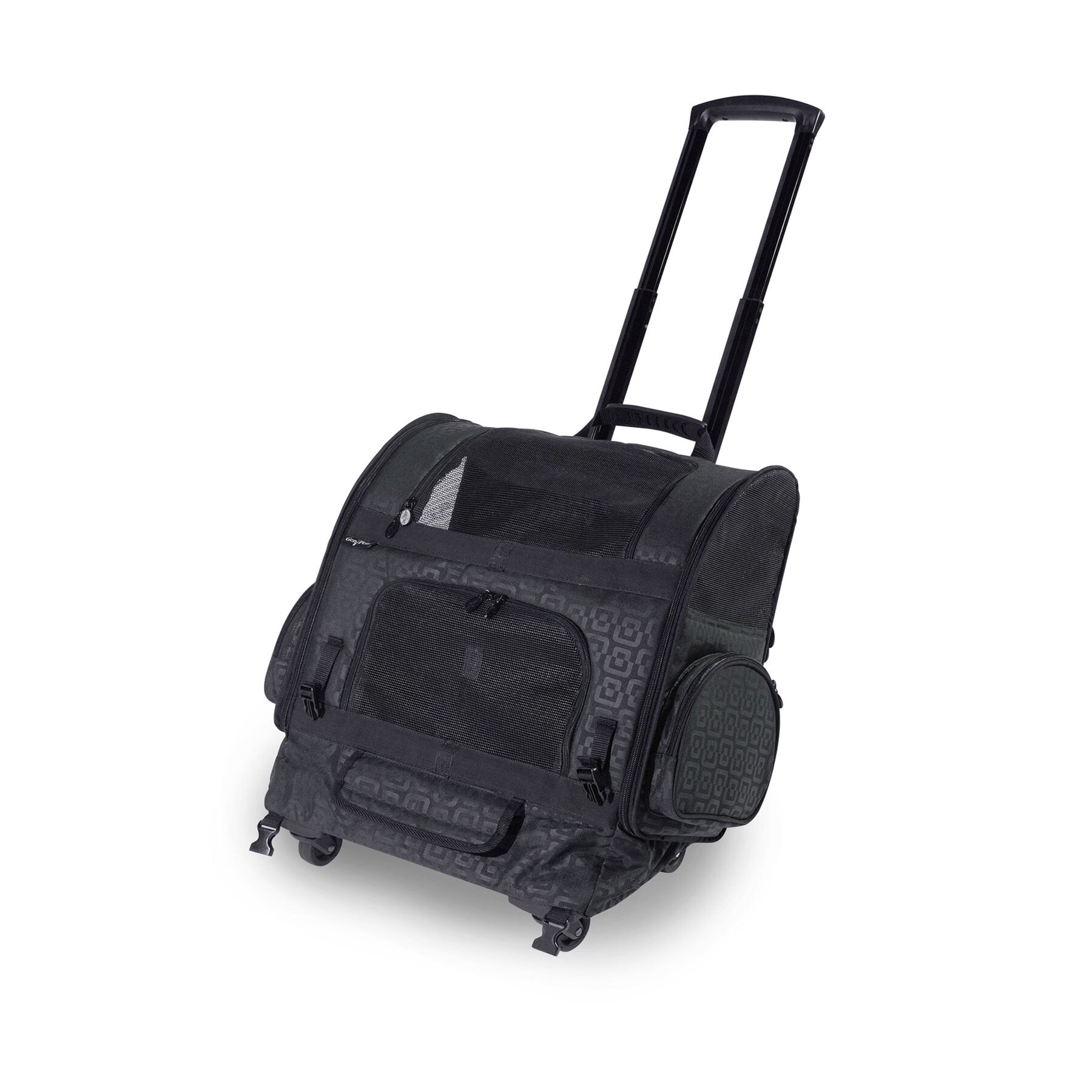 The Gen7Pets Black Geometric Roller-Carrier, by Gen7, features a sleek black design and extended telescopic handle for easy maneuvering. Its patterned fabric and multiple pockets add practicality, while its angled four-wheel setup on a white background makes it uniquely stand out.