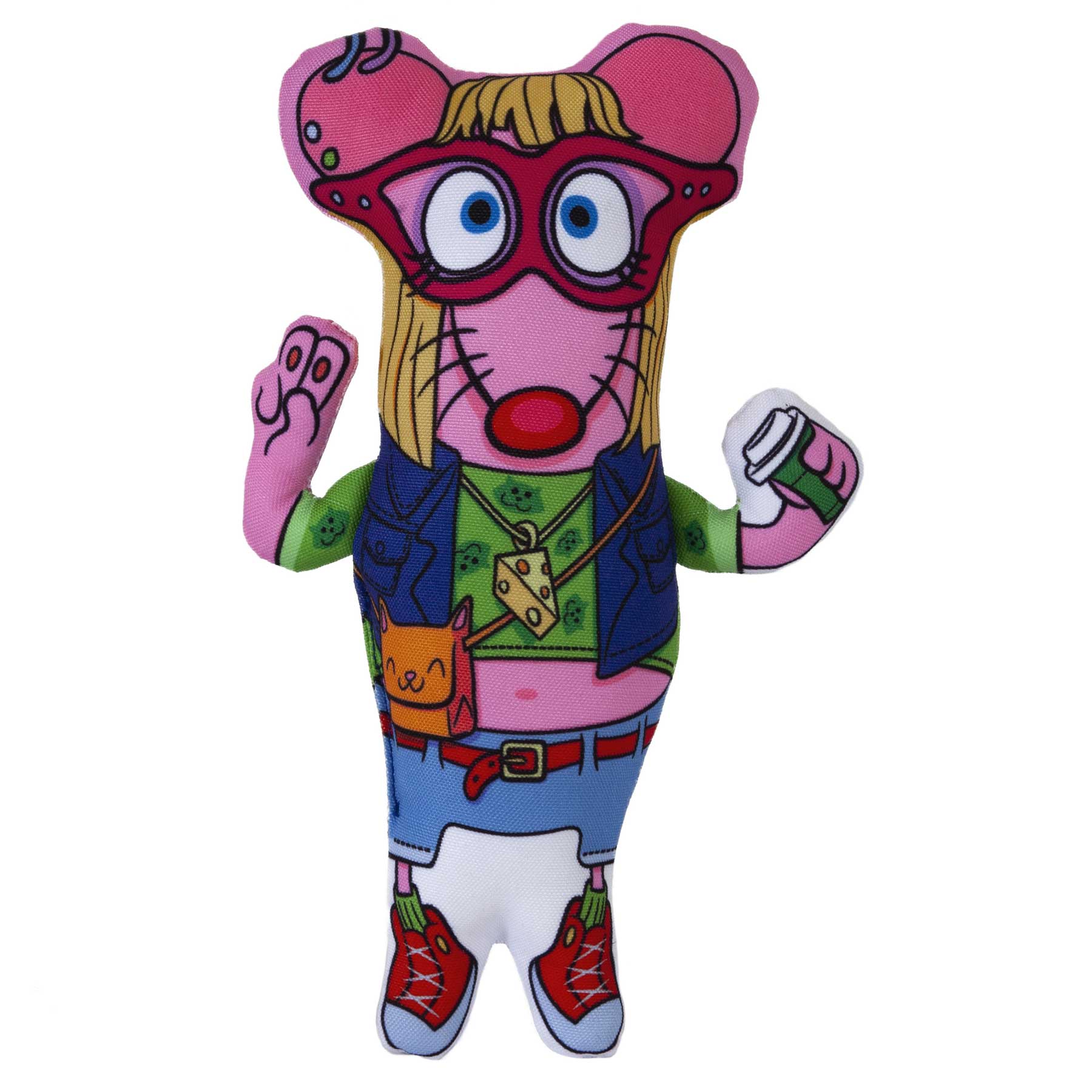 The FAT CAT Mouse Hipster Kicker Cat Toy by Fatcat is a colorful plush toy resembling a mouse in red glasses, a blue vest with an orange cat print, and denim shorts. Made from durable canvas, it holds a green can and serves as an enticing catnip treat for your feline friend.