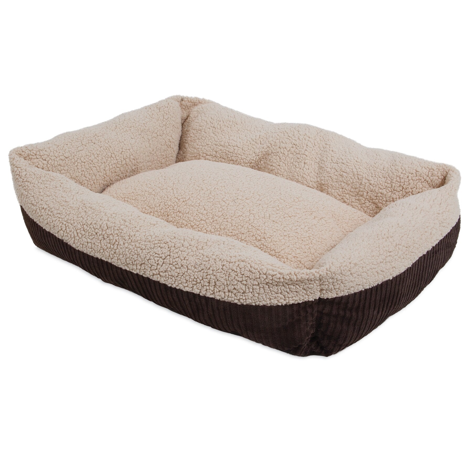 Discover the Aspen Pet Self-Warming Dog Bed by Aspen Pet—a rectangular retreat for your pet. With a soft brown corduroy exterior and cozy light beige fleece interior, its raised edges offer ultimate relaxation similar to Lambswool Plush.