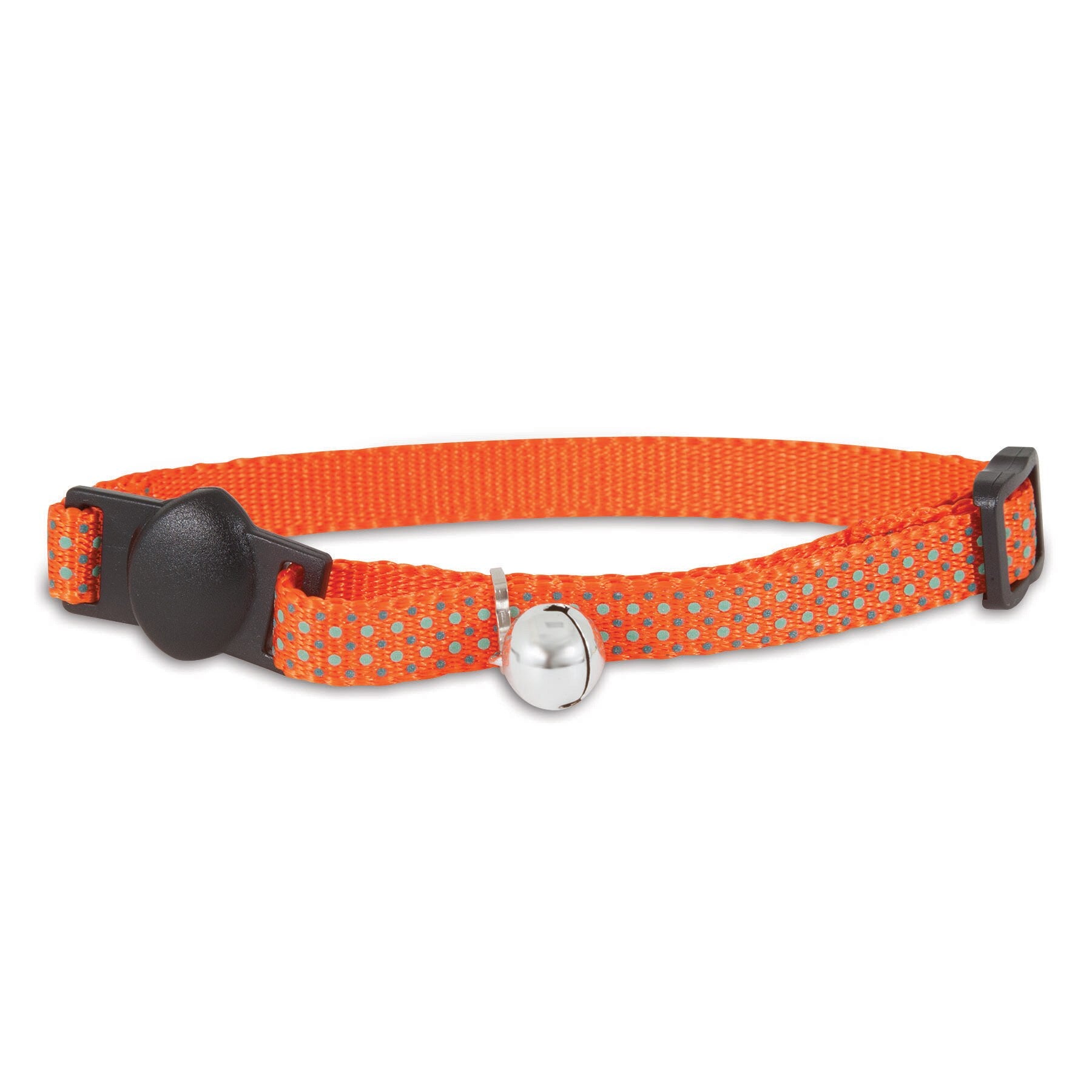 The Pet-mates Orange Dots Glow in the Dark Cat Collar features an adjustable breakaway buckle for safety, a small silver bell, and a bright orange reflective design.
