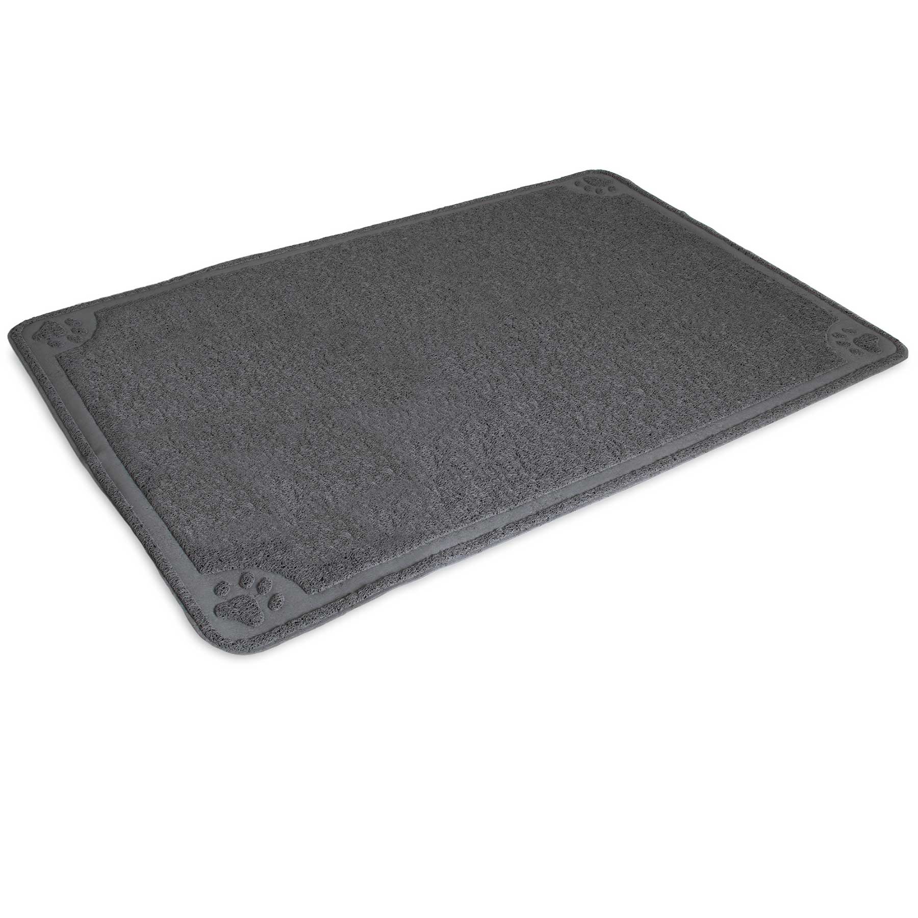 The Pet-mates Extra Large Litter Catcher Mat, by Pet-mates, is a rectangular gray mat with a textured surface and small paw print patterns in each corner. Designed for catching litter box excess, its slightly raised edge effectively contains spills.