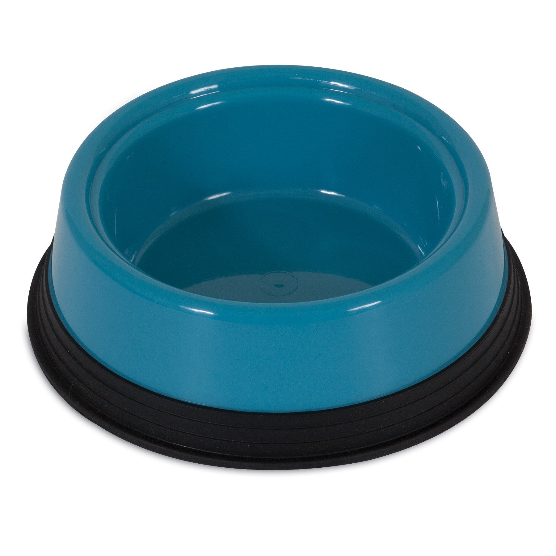The JW Skid Stop Basic Bowl by Jw, a blue plastic pet dish with a skid-stop rubber base, sits empty and pristine against a white backdrop.