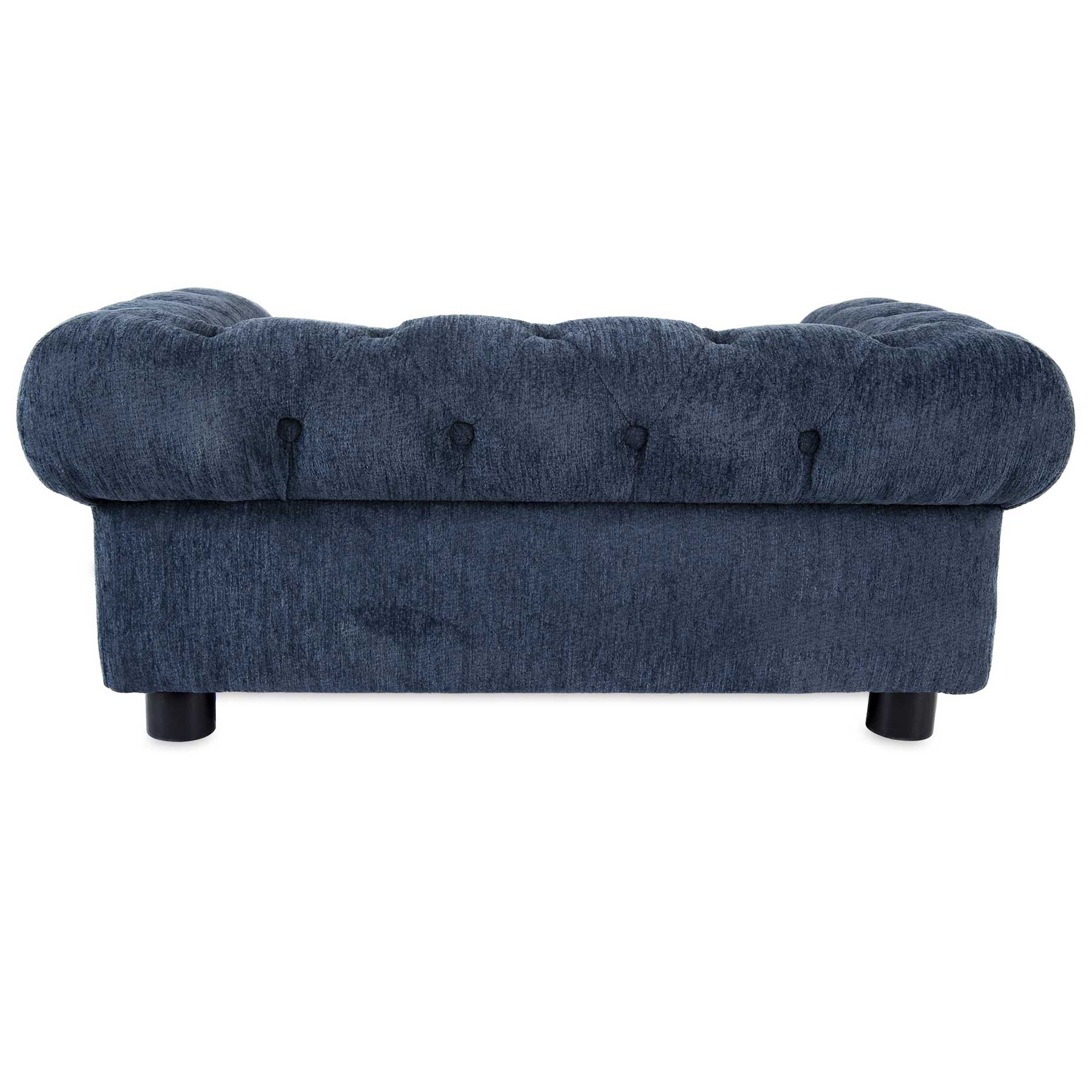 The La-Z-Boy Tuscon Sofa Dog Bed is a blue tufted upholstered sofa for pets, featuring classic button detailing and sturdy black legs. Its plush texture and elegant style make it ideal for any stylish pet owners living room.