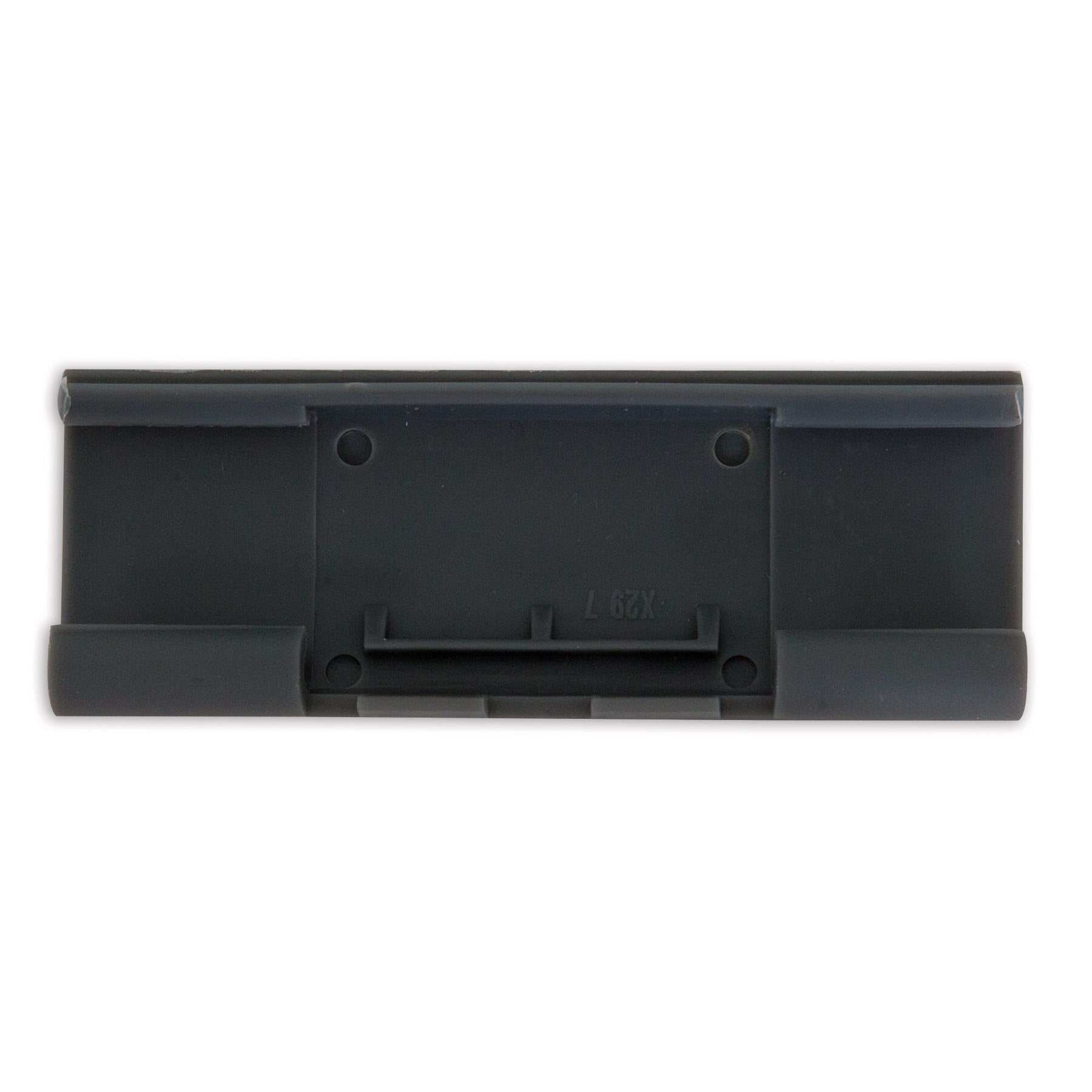 The Pet-mates Long Replacement Latch for plastic kennels is a black rectangular component with six symmetrical holes. It features a thin, raised ridge on the top edge and has a smooth surface with slight indentations and markings, making it ideal as a replacement latch.