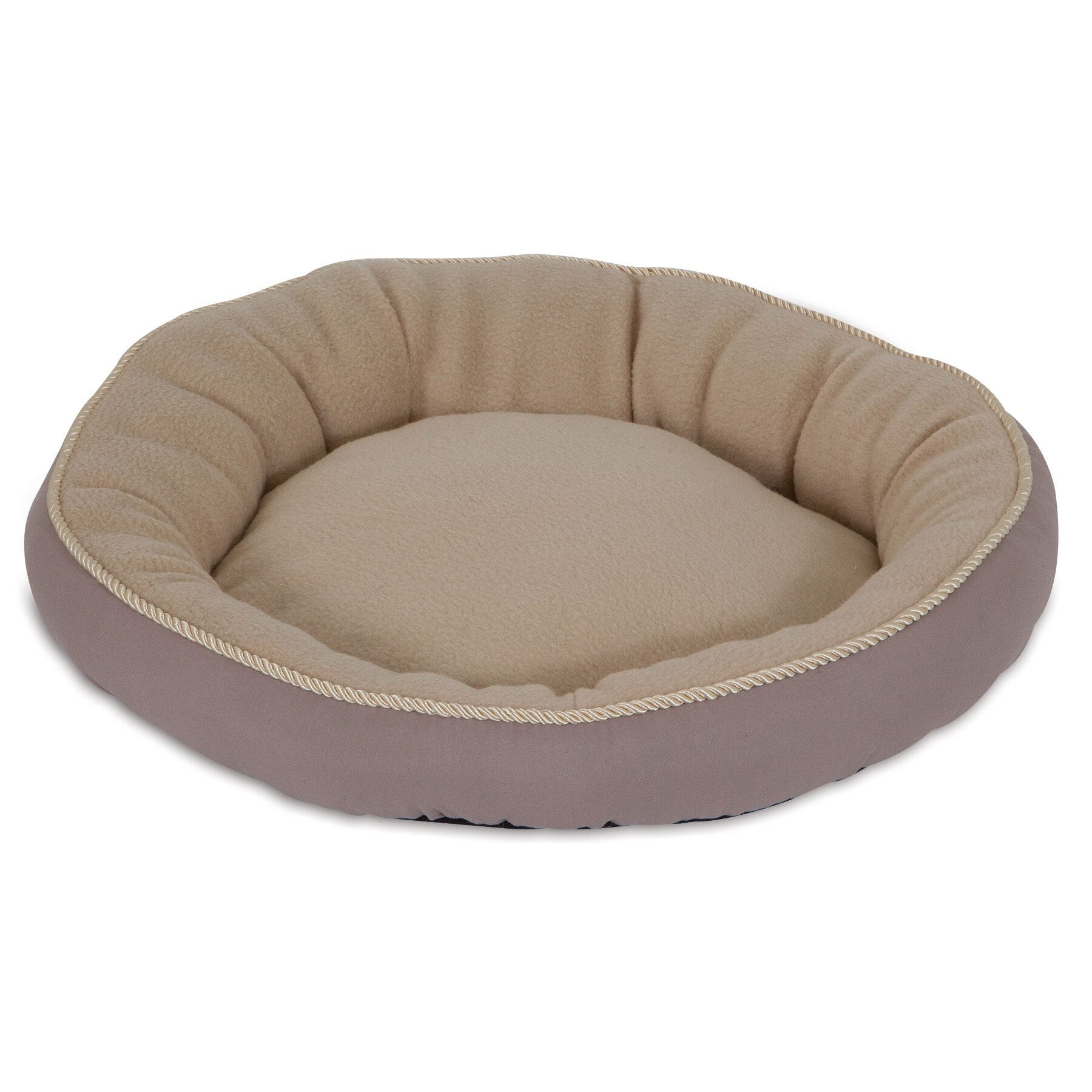 The Aspen Pet Round Pet Bed With Bolster & Gold Cord offers a soft, padded interior and slightly raised edge for support. In beige with a light brown rim, this plush bed is machine washable for easy cleaning.