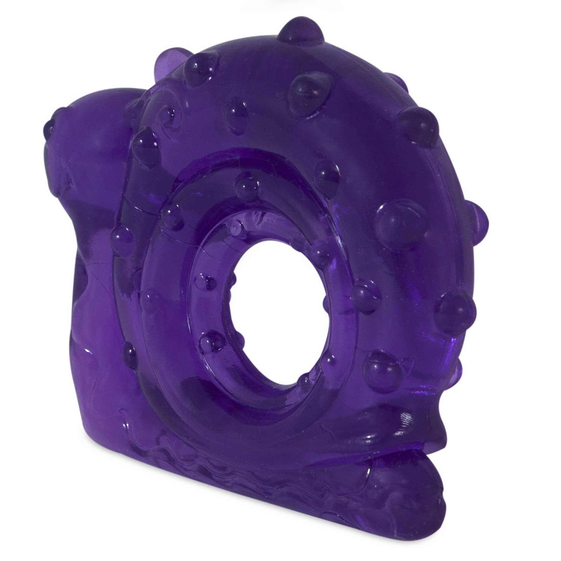 Introducing the JW Snail Teether Puppy Toy by Jw, a purple textured chew toy perfect for teething puppies. Its ring shape features a circular hole and small raised bumps, offering excellent grip and stimulating entertainment for your furry friend.