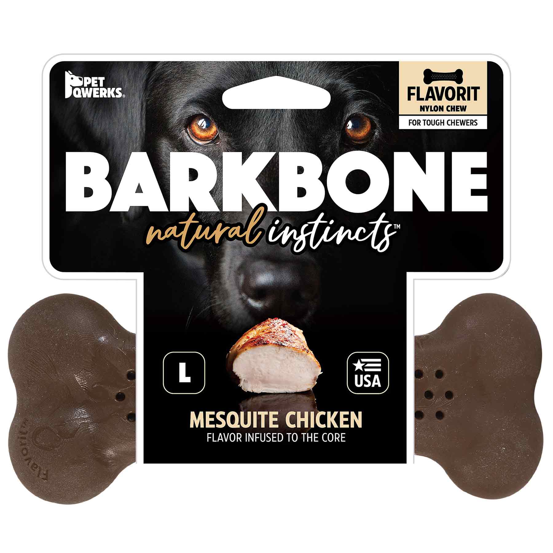 The BarkBone Natural Instincts packaging features a dog image above the product name, BarkBone Natural Instincts Mesquite Chicken Flavorit Nylon Dog Chew. It is large, USA-made, perfect for tough chewers, and highlights the Mesquite Chicken Flavor.