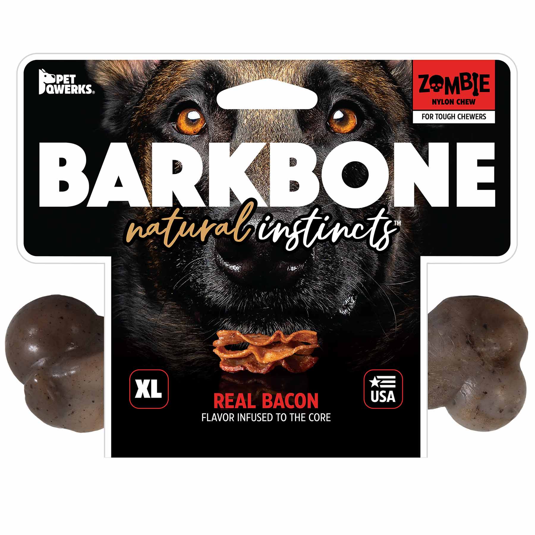 The packaging for the BarkBone Natural Instincts Zombie Bacon-Infused Nylon Dog Chew features a dog enjoying bacon, highlighting its bacon-infused flavor. Labeled XL and Made in USA, it has two durable chew ends to satisfy your pets instincts.
