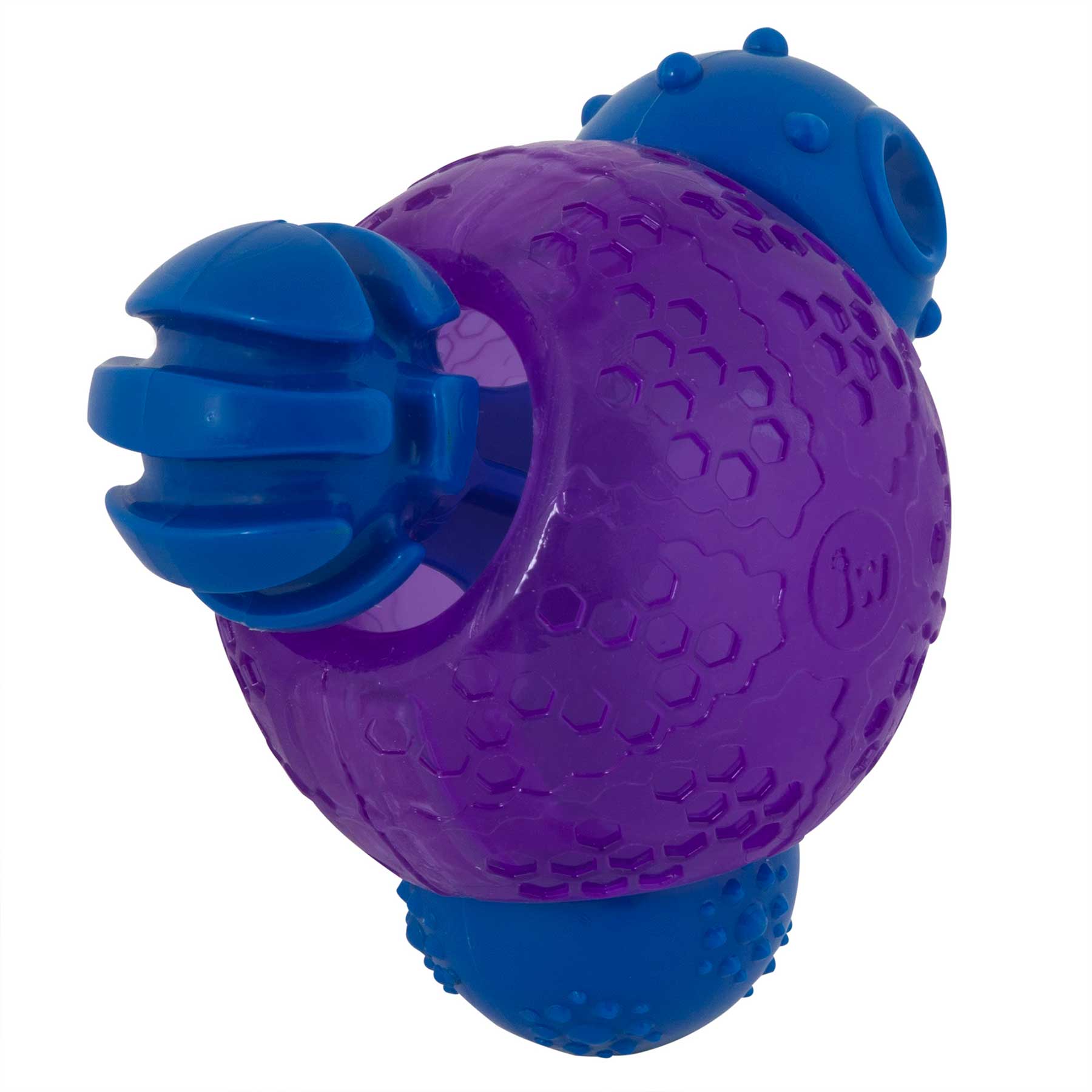 Introducing the JW Gnawberry Chew-ee Dental Dog Toy by Jw—a fun treat-dispensing toy for your pup! With a large, textured purple ring and interlocked blue pieces, it offers engaging play and promotes dental cleaning with raised patterns and protrusions.